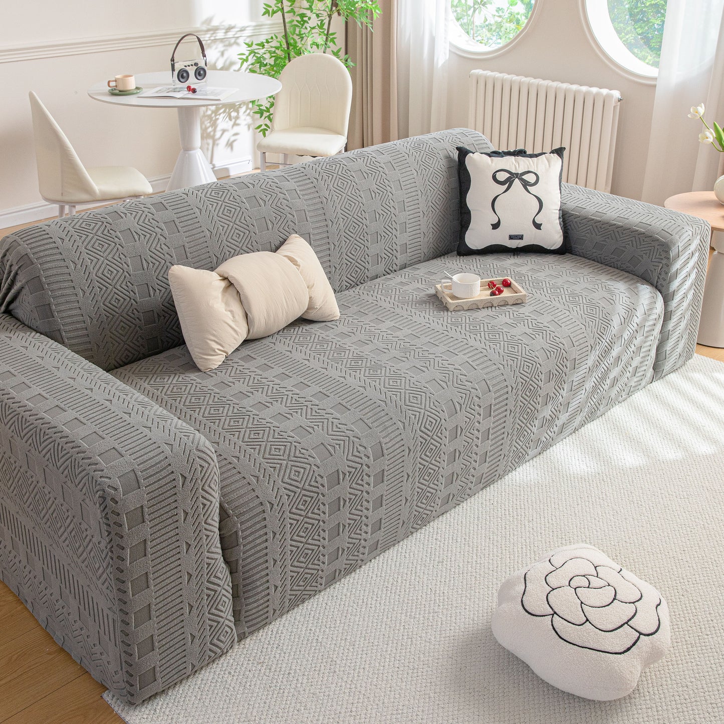 High Stretch Embossed Geometric Slipcover for Couch, Cozy Plush Fleece Couch Cover