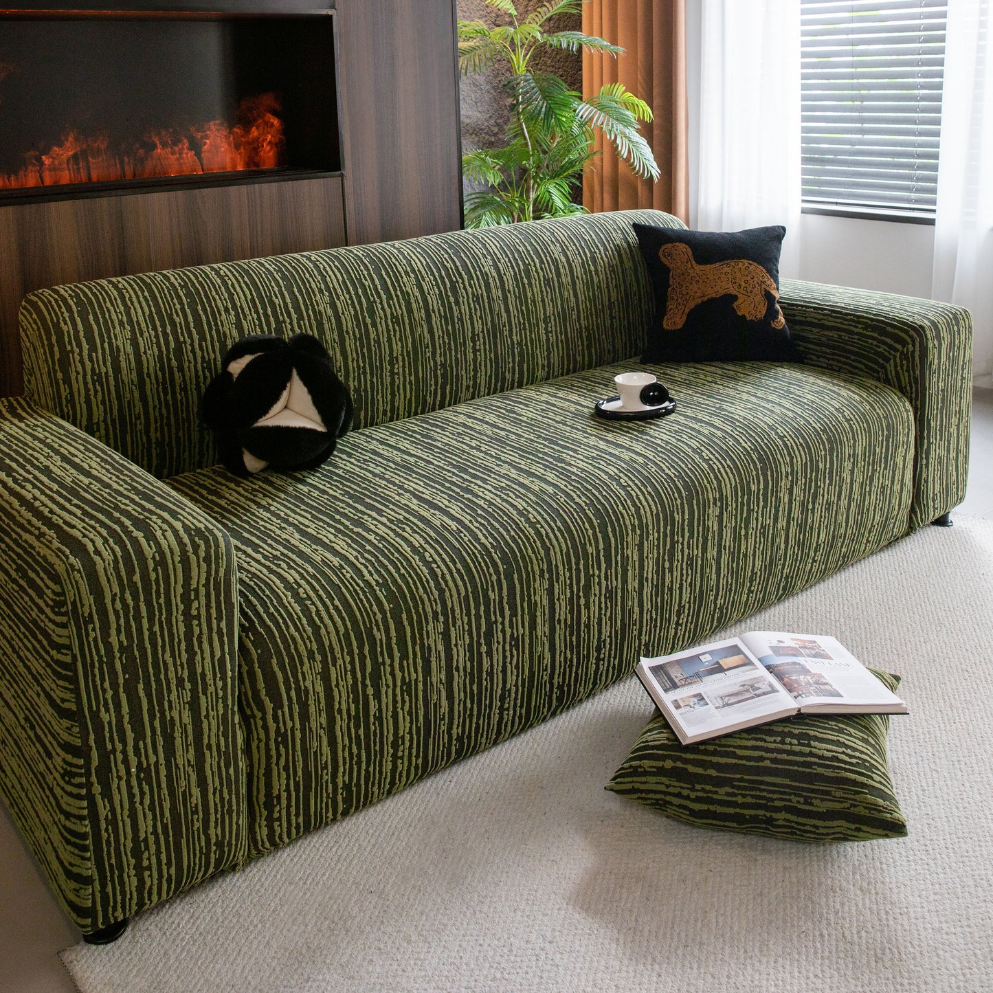 High Stretch Couch Slipcover with Abstract Stripe, Washable Non-Slip Cover for Dogs