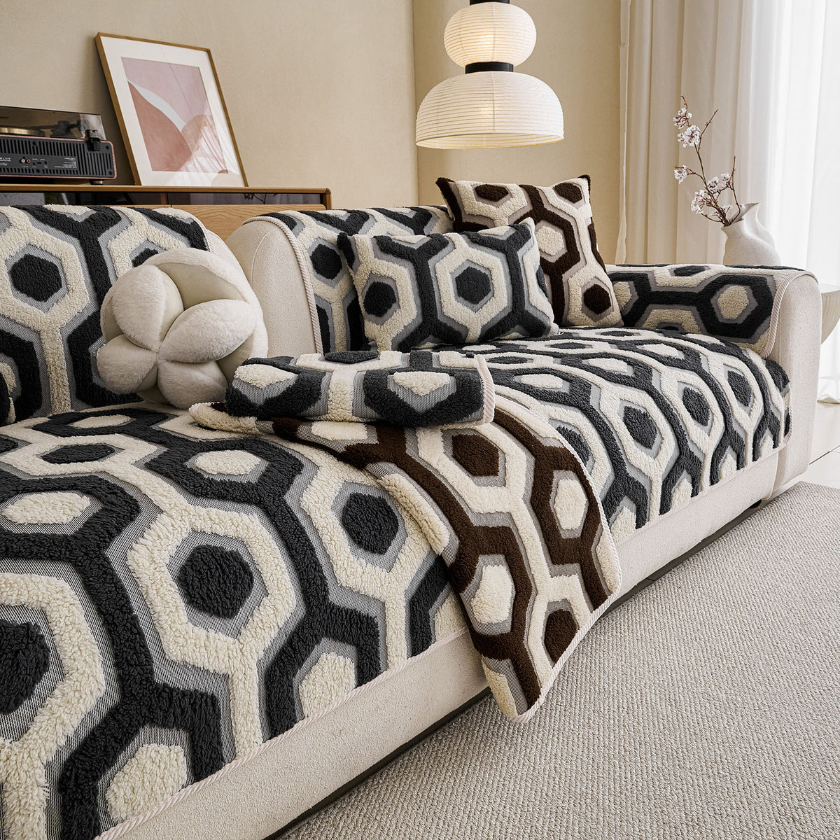 Sherpa Fleece Geometric Sofa Cover, Non-Slip Warm Couch Protector for Pets & Kids