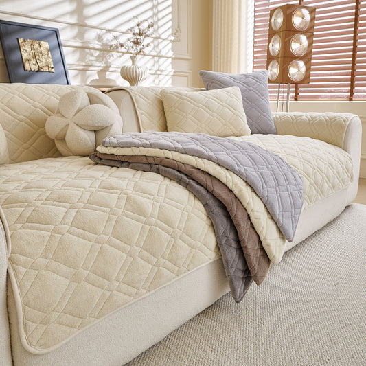 Plush Geometric Quilted Sofa Cover, Non-Slip Padded Couch Protector for Pets & Kids