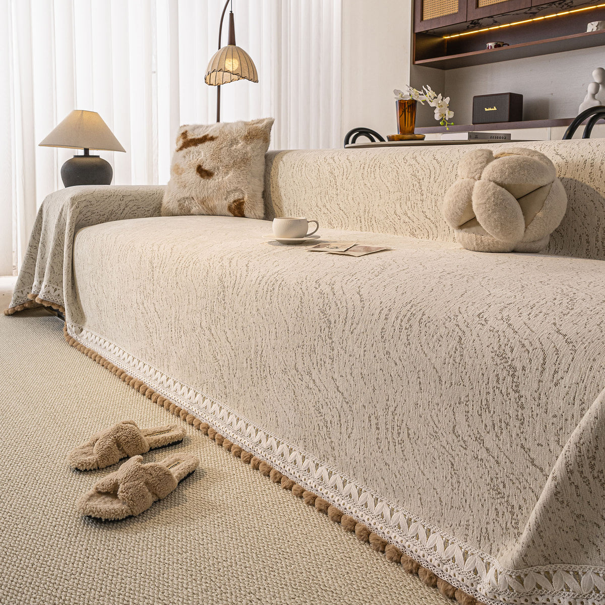 Luxury Elegant Chenille Sofa Throw Cover with Floral Embroidered Lace & Pom-Pom Trim