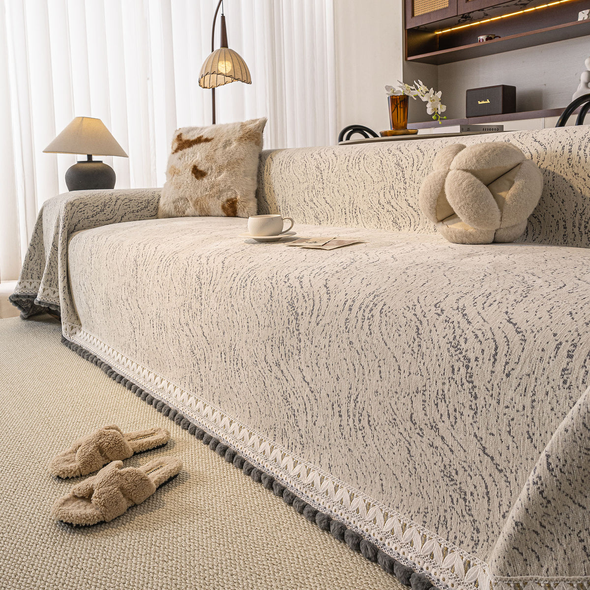 Luxury Elegant Chenille Sofa Throw Cover with Floral Embroidered Lace & Pom-Pom Trim