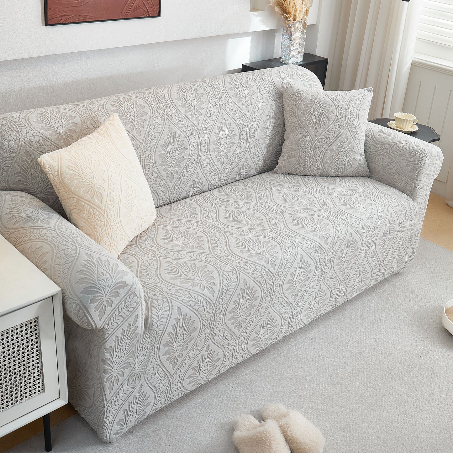 3D Baroque Floral Stretch Sofa Cover Elastic Polar Fleece Couch Slipcover with Straps