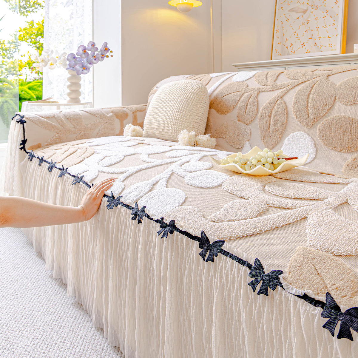 3D Floral Sofa Throw Cover, Soft Plush Couch Protector with Decorative Ruffled Skirt