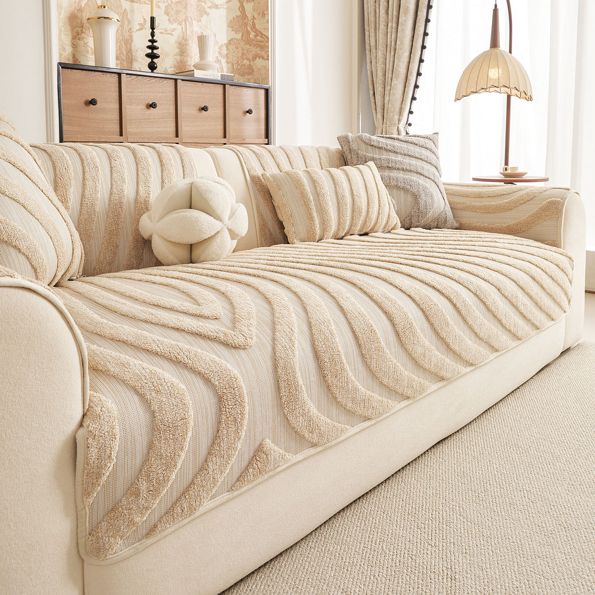 Cozy Plush Sofa Topper with Raised Wave Texture, Non-Slip Furniture Protector Cover
