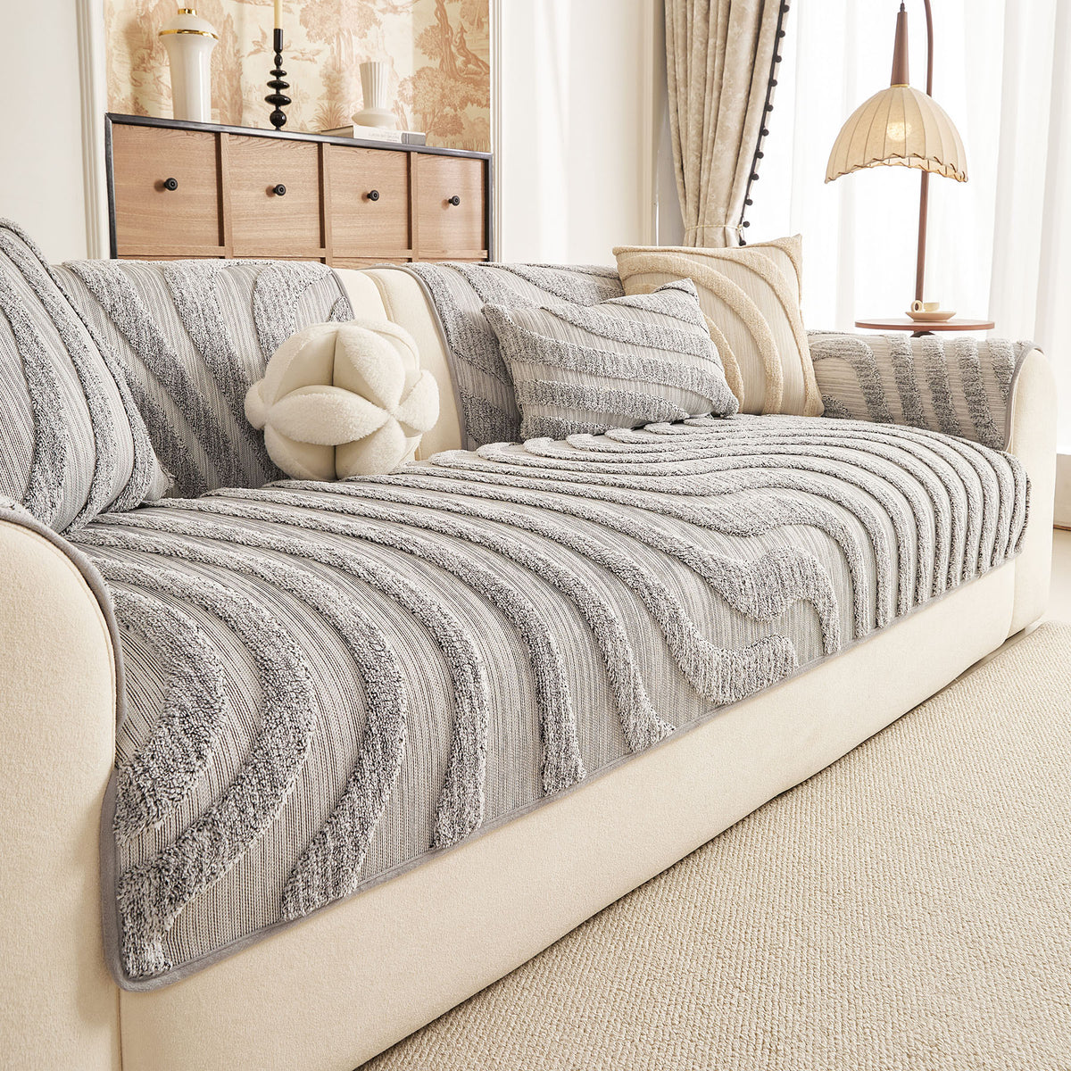 Cozy Plush Sofa Topper with Raised Wave Texture, Non-Slip Furniture Protector Cover