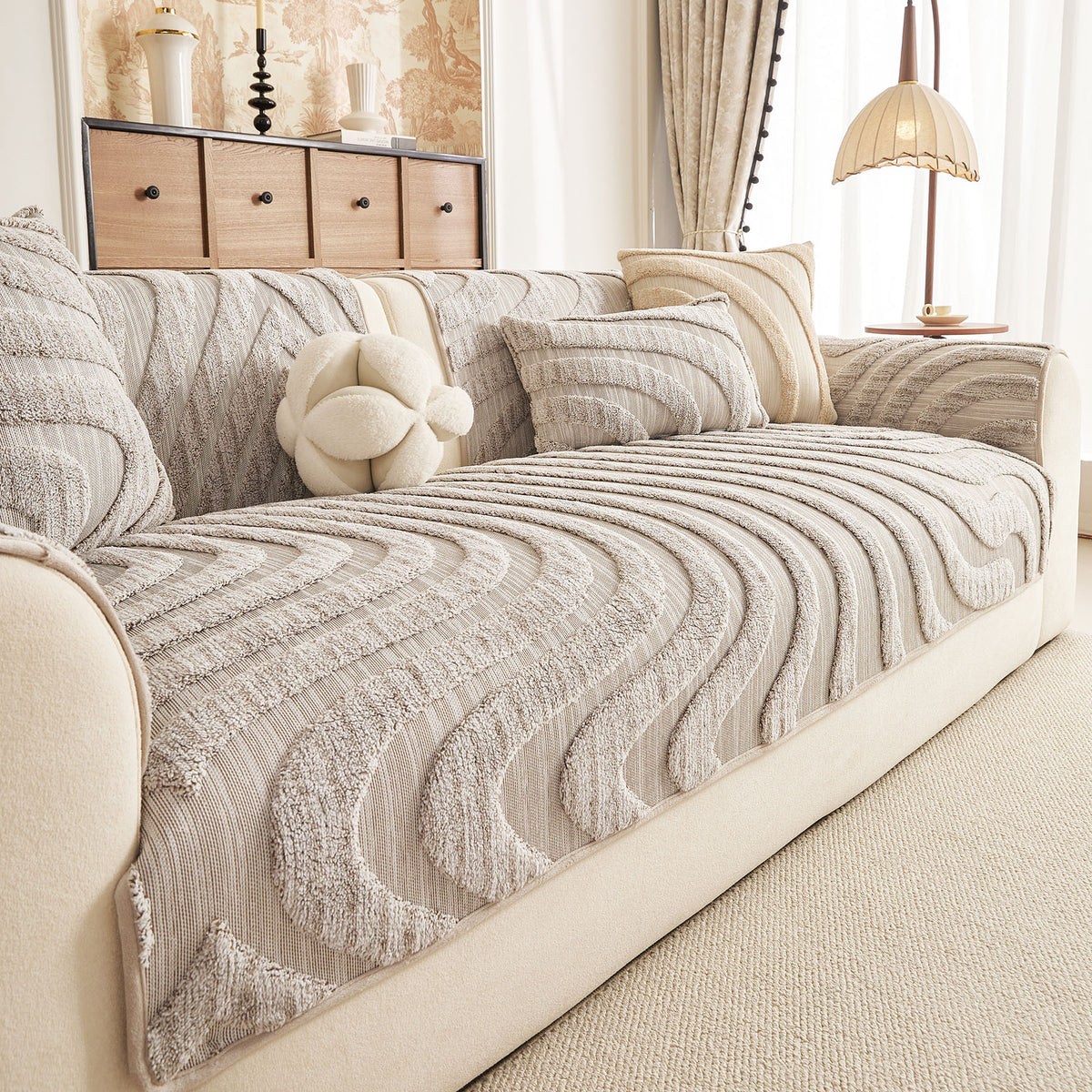 Cozy Plush Sofa Topper with Raised Wave Texture, Non-Slip Furniture Protector Cover