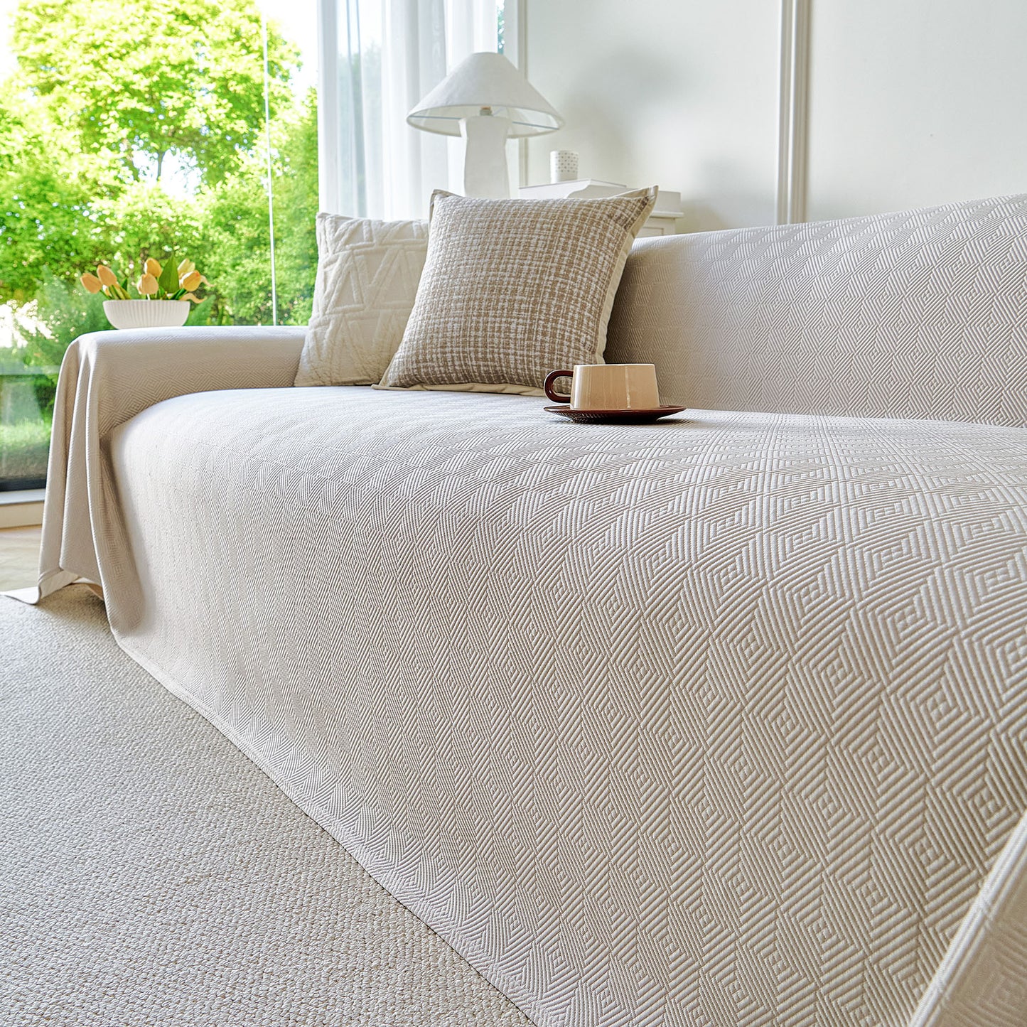 Cooling Ice Silk Soft Sofa Cover Blanket, Woven Geometric Textured Modern Couch Cover