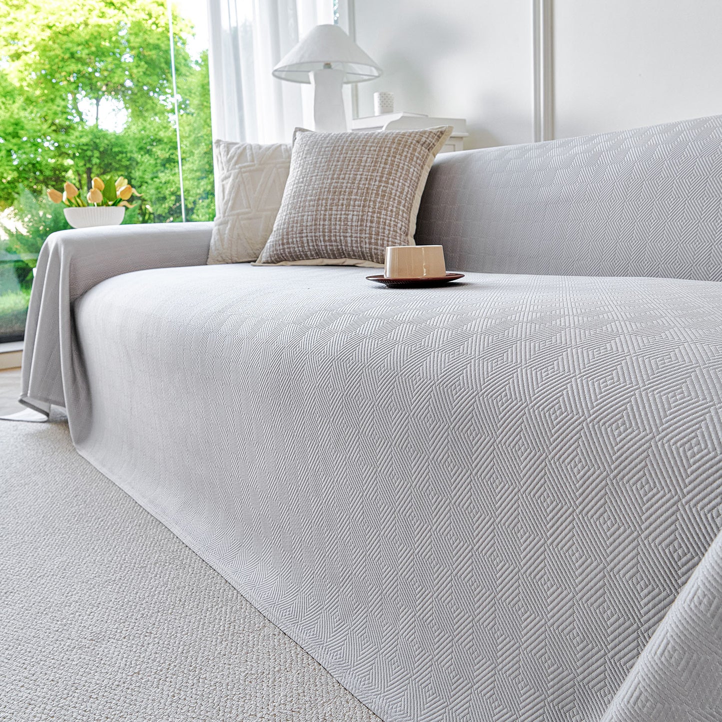 Cooling Ice Silk Soft Sofa Cover Blanket, Woven Geometric Textured Modern Couch Cover