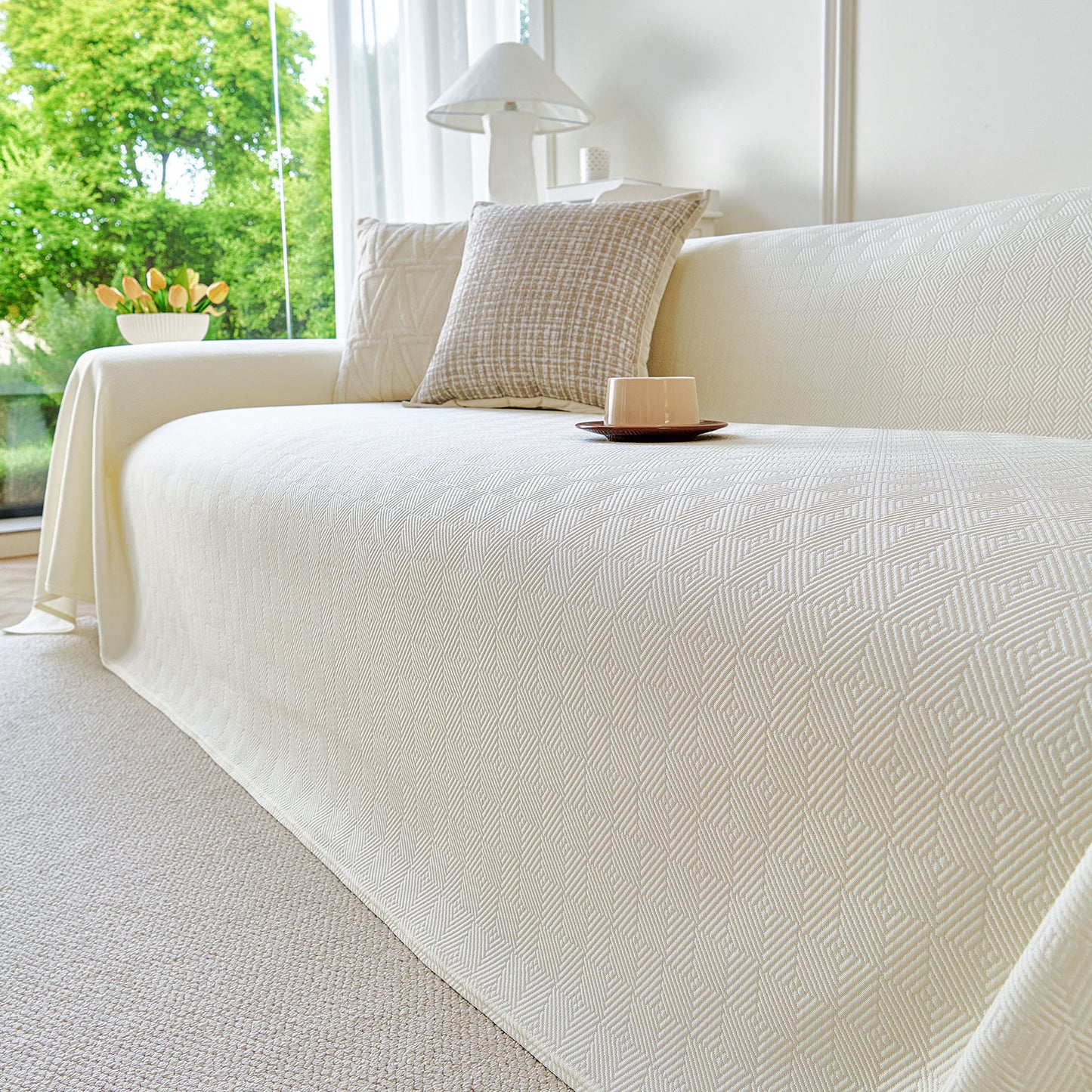 Cooling Ice Silk Soft Sofa Cover Blanket, Woven Geometric Textured Modern Couch Cover
