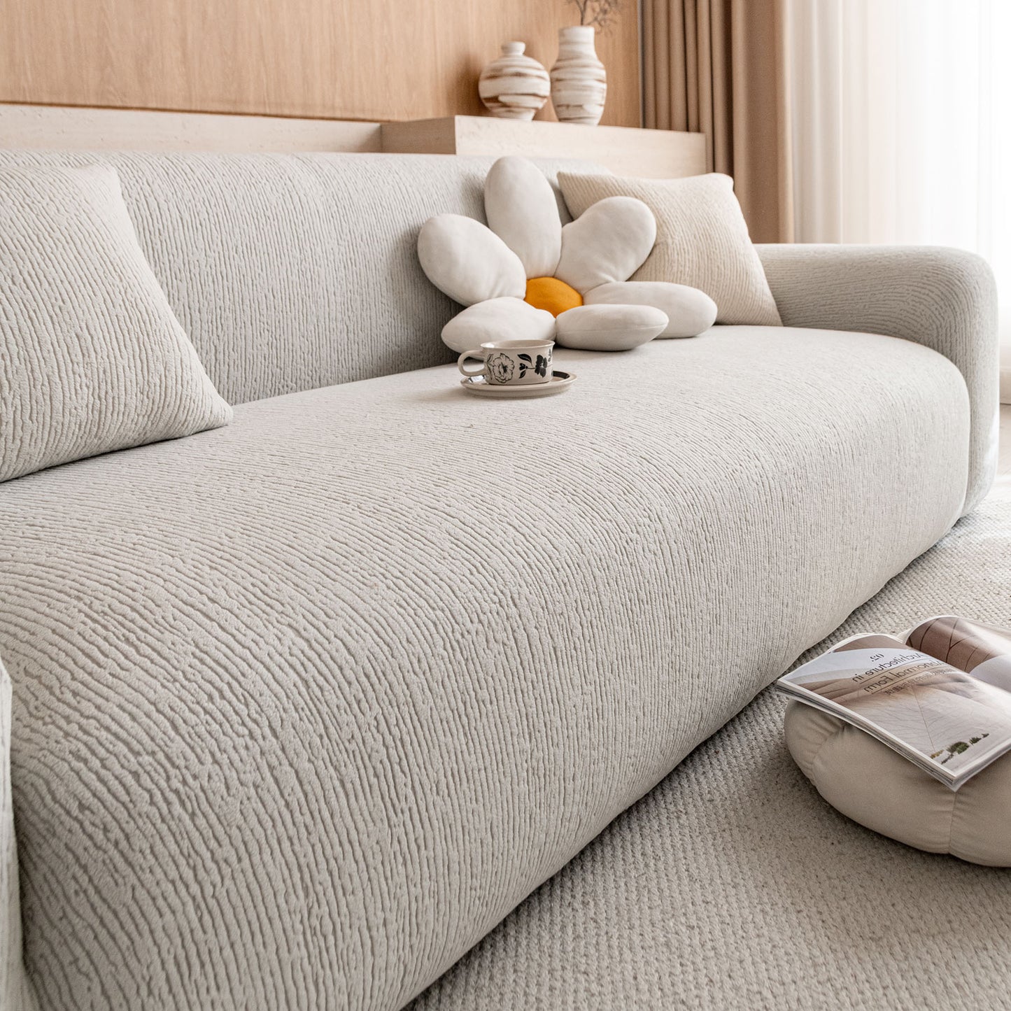 Stretch Textured Vertical Stripe Couch Slipcover, Soft Jacquard Elastic Sofa Cover