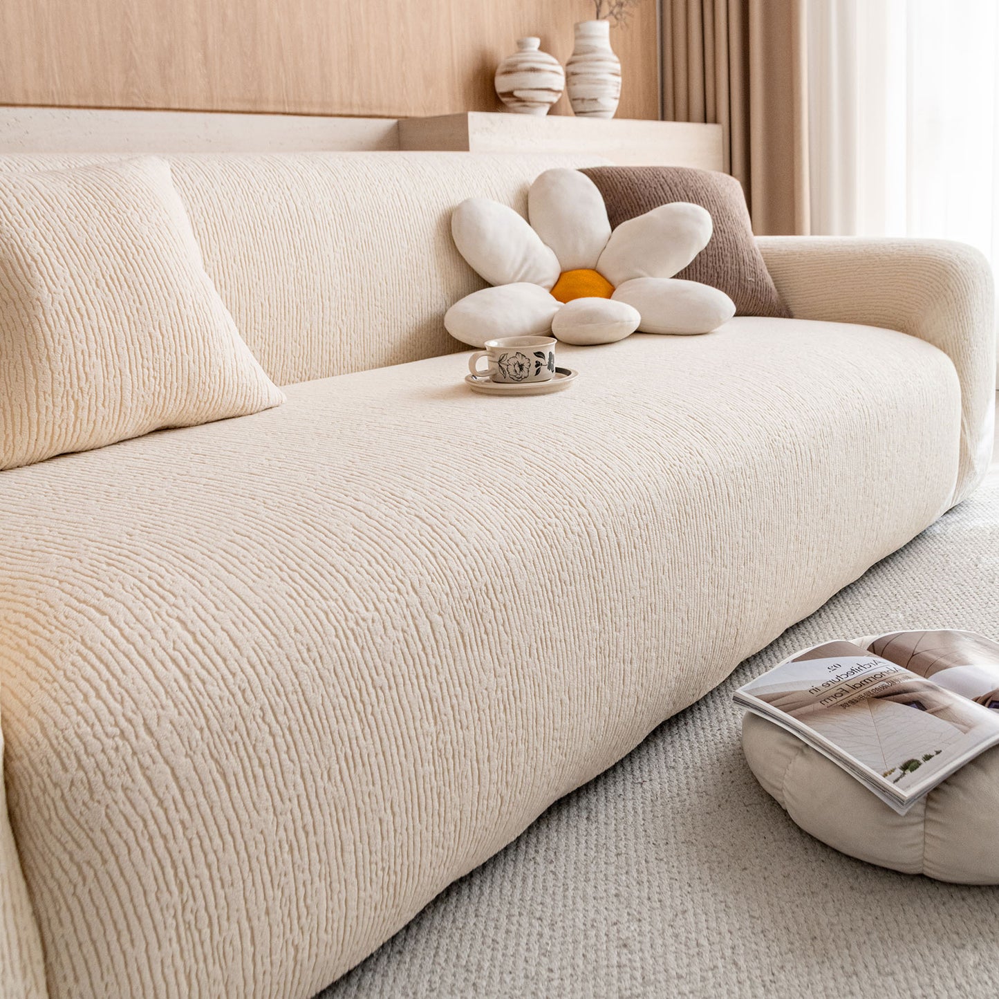 Stretch Textured Vertical Stripe Couch Slipcover, Soft Jacquard Elastic Sofa Cover