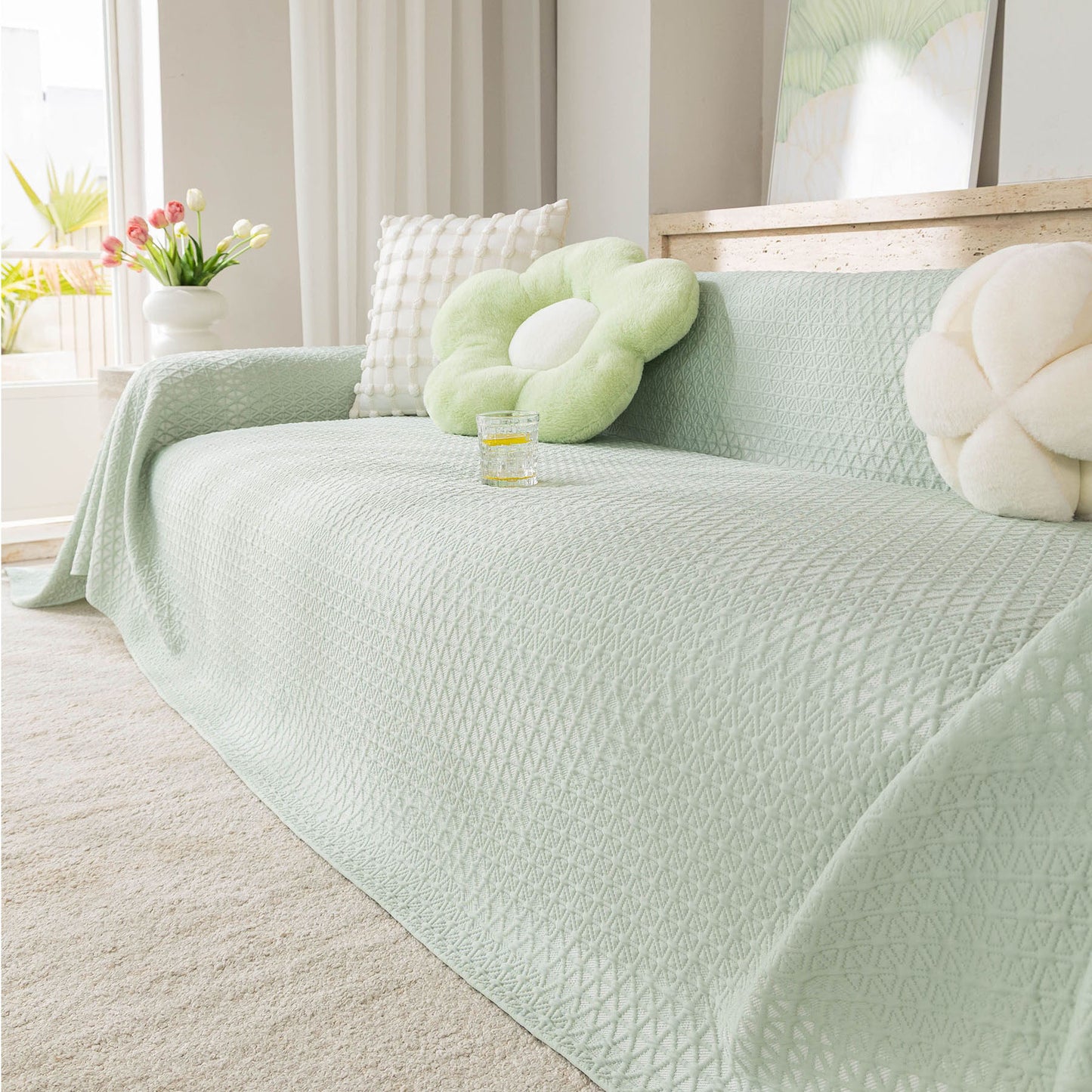 Cooling Ice Silk Sofa Throw Cover, Summer Diamond Textured Furniture Protector Blanket