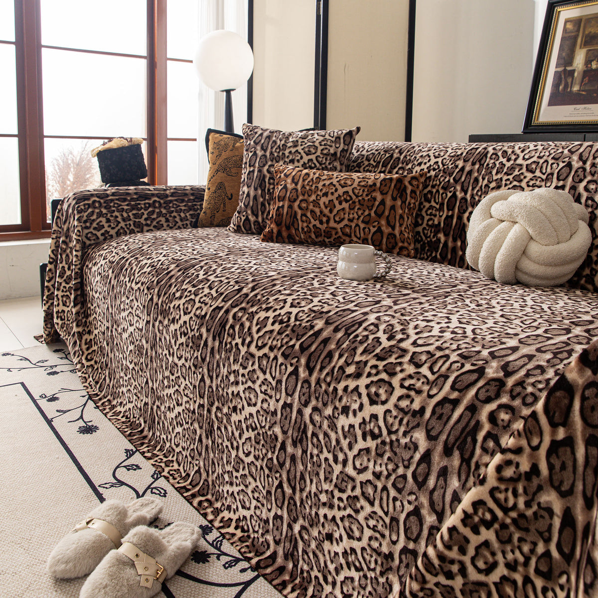Leopard Print Flannel Sofa Throw Cover, Soft Couch Protector for Pets, Kids & Home