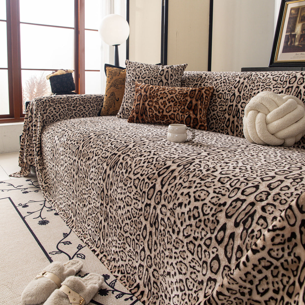 Leopard Print Flannel Sofa Throw Cover, Soft Couch Protector for Pets, Kids & Home