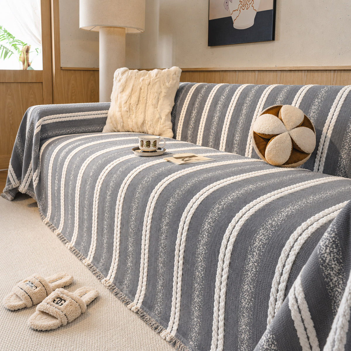 Boho Farmhouse Rustic Striped Sofa Throw Cover, Raised Textured Furniture Couch Cover