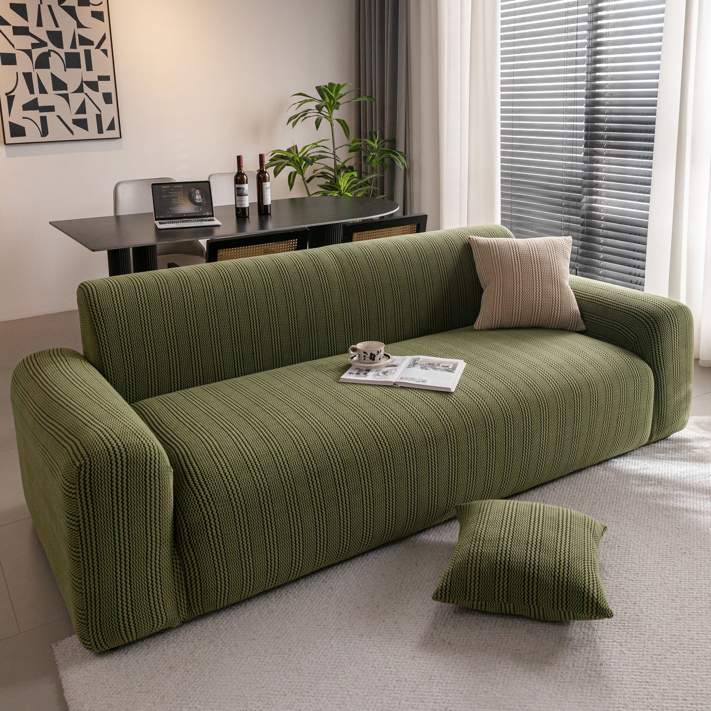 Modern Textured Stretch Sofa Cover, Plush Fleece Sofa Slipcover with 3D Stripe Texture