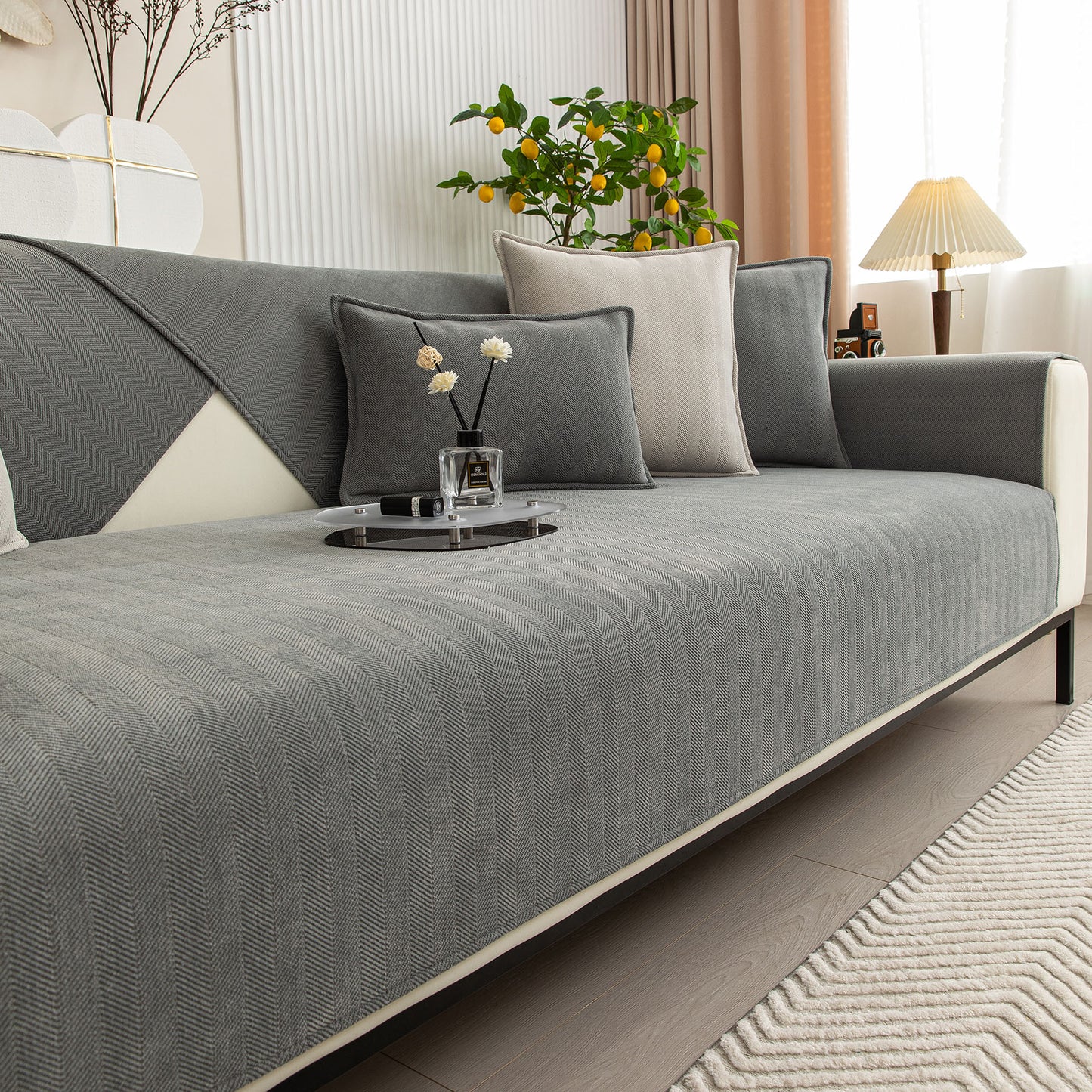 Herringbone Quilted Couch Seat and Backrest Cover, Separate Sofa Cushion Covers