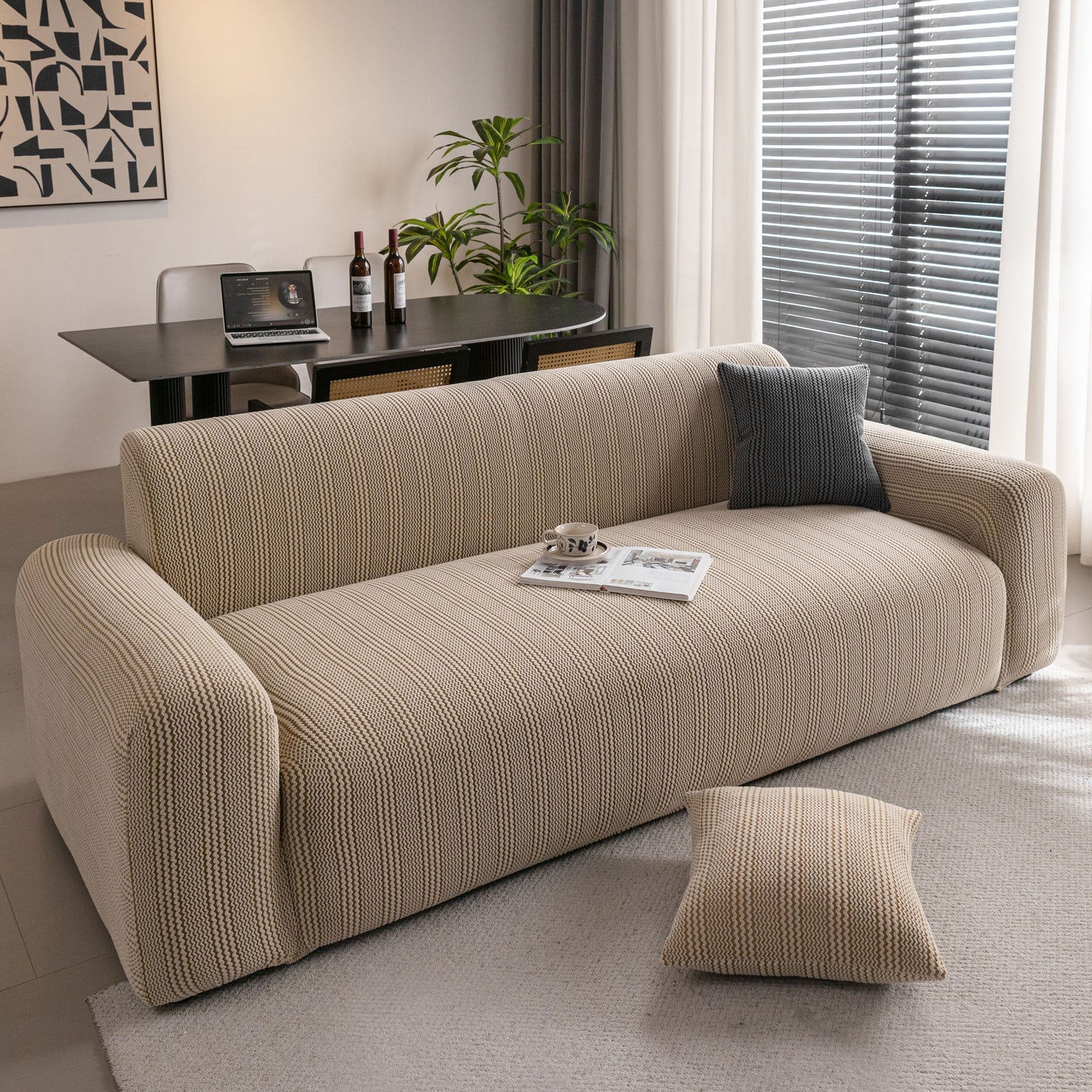 Modern Textured Stretch Sofa Cover, Plush Fleece Sofa Slipcover with 3D Stripe Texture