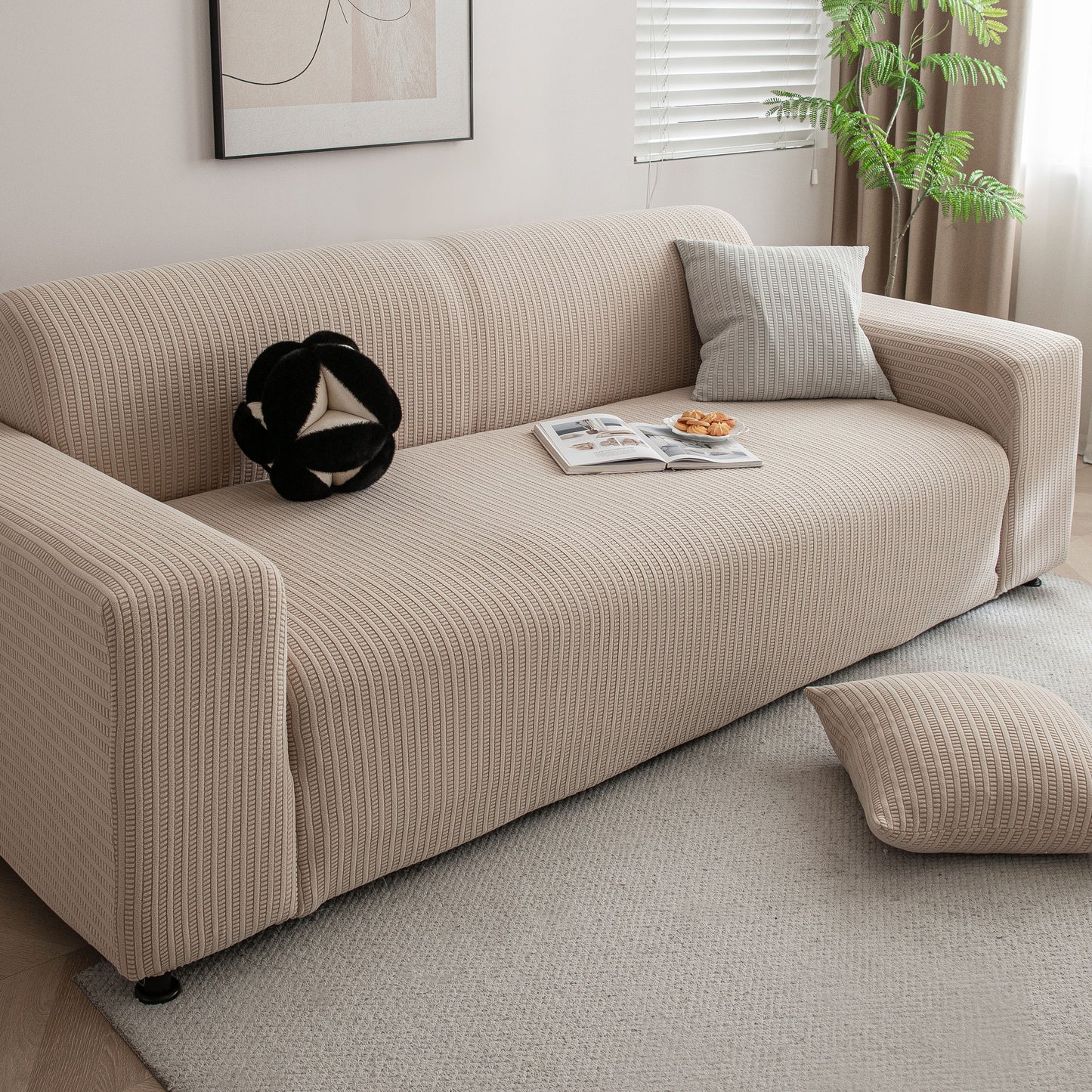 3D Grid Jacquard Sofa Cover, High Stretch Plush Waffle Couch Slipcover with Tie Straps