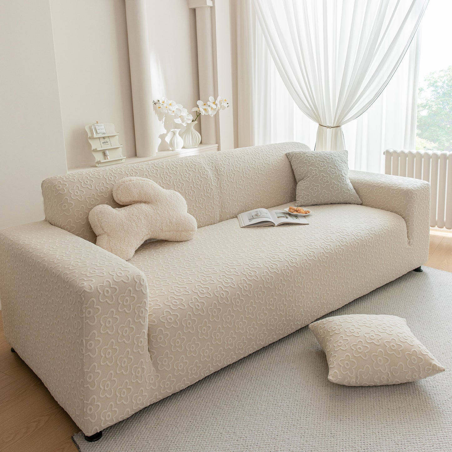 High Stretch Jacquard Sofa Slipcover, Soft Spandex Textured Floral Couch Cover