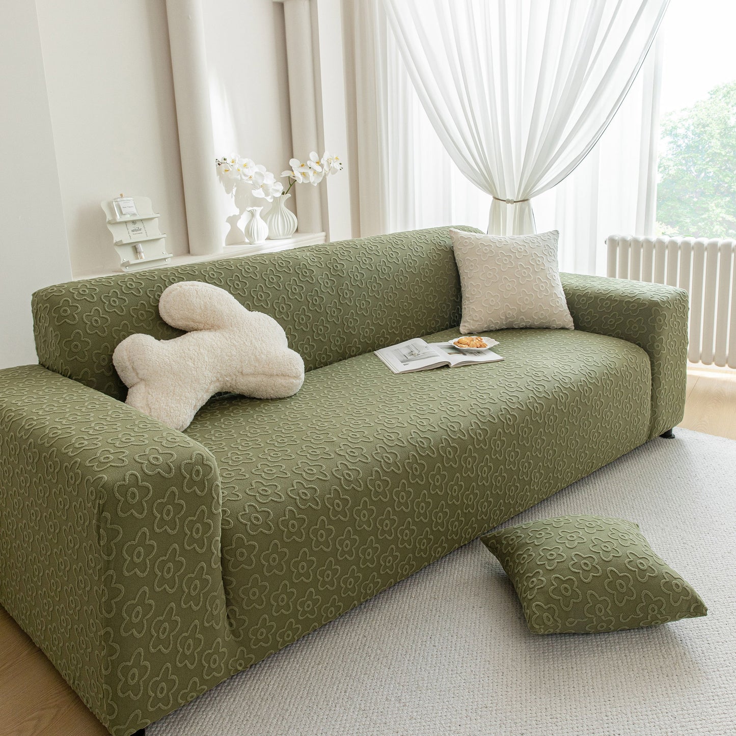 High Stretch Jacquard Sofa Slipcover, Soft Spandex Textured Floral Couch Cover