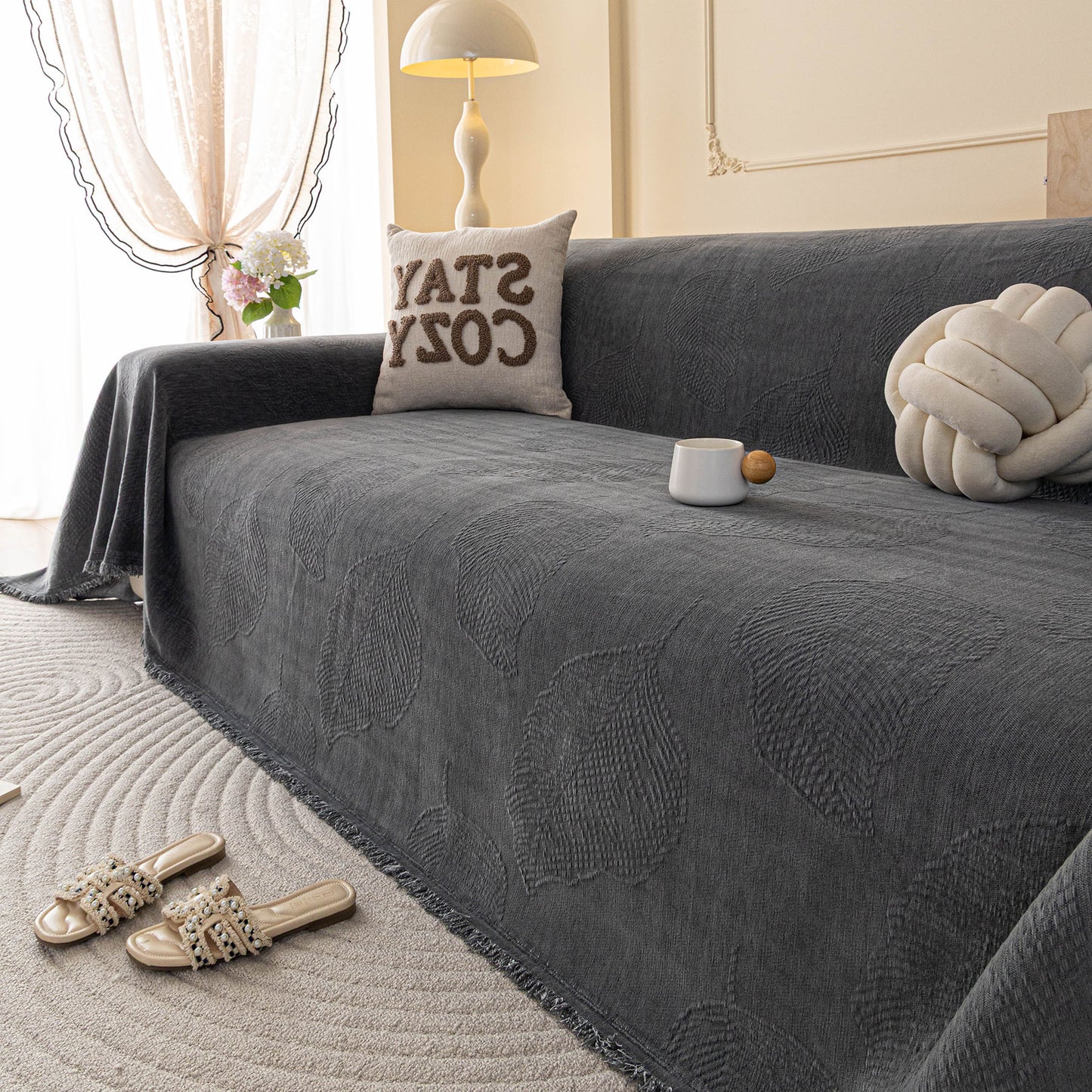 Embossed Leaf Pattern Couch Cover Throw Blanket, Japandi Furniture Cover Protector
