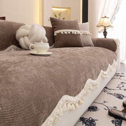 Chenille Sofa Cover Towel – Non-Slip, Washable Pets Couch Protector with Tassels