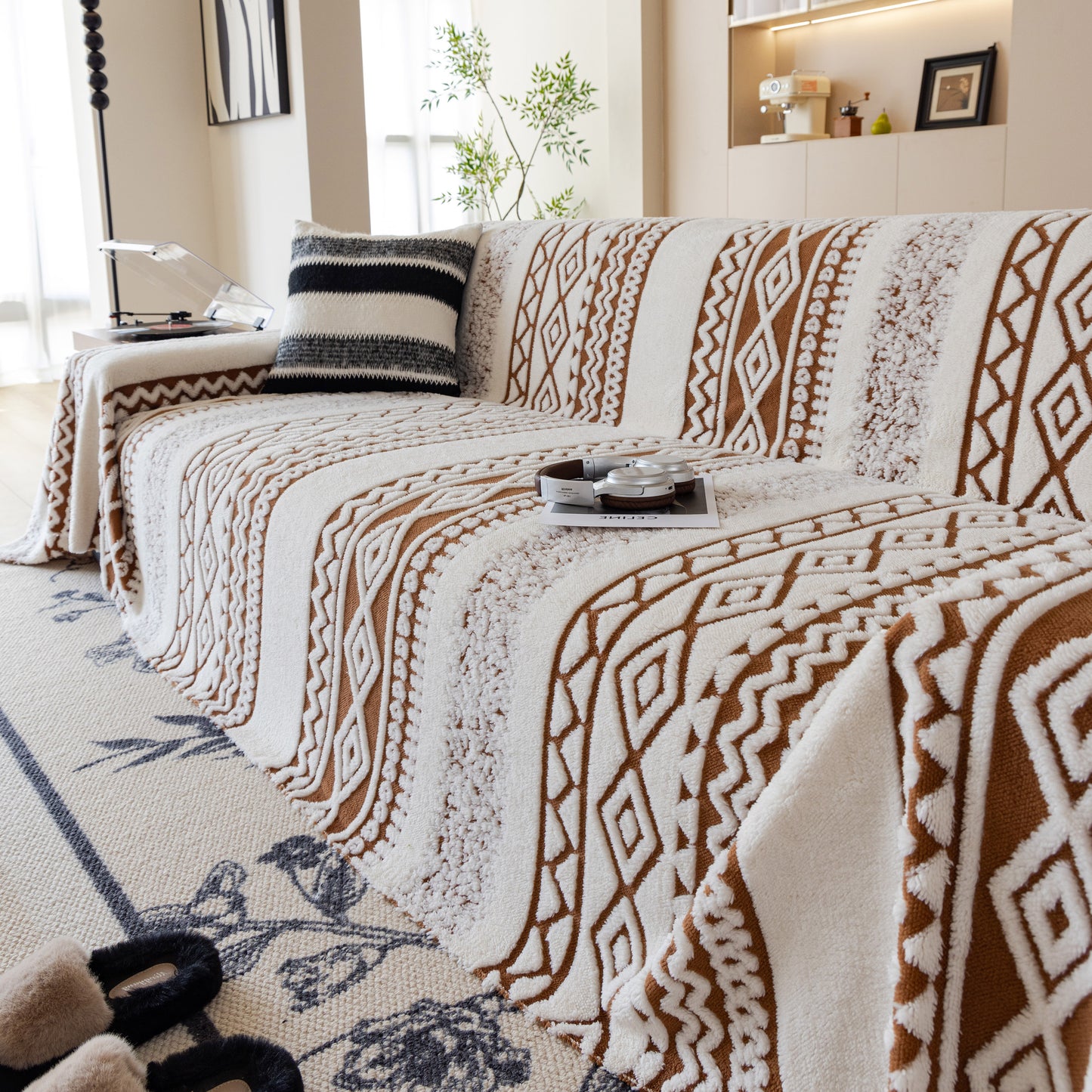 Bohemian Tufted Sofa Cover, Plush Fleece Throw Blanket with 3D Woven Aztec Stripes