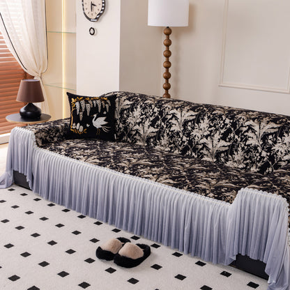 Elegant Botanical Sofa Cover with Pleated Tulle Skirt, Vintage Floral Couch Protector