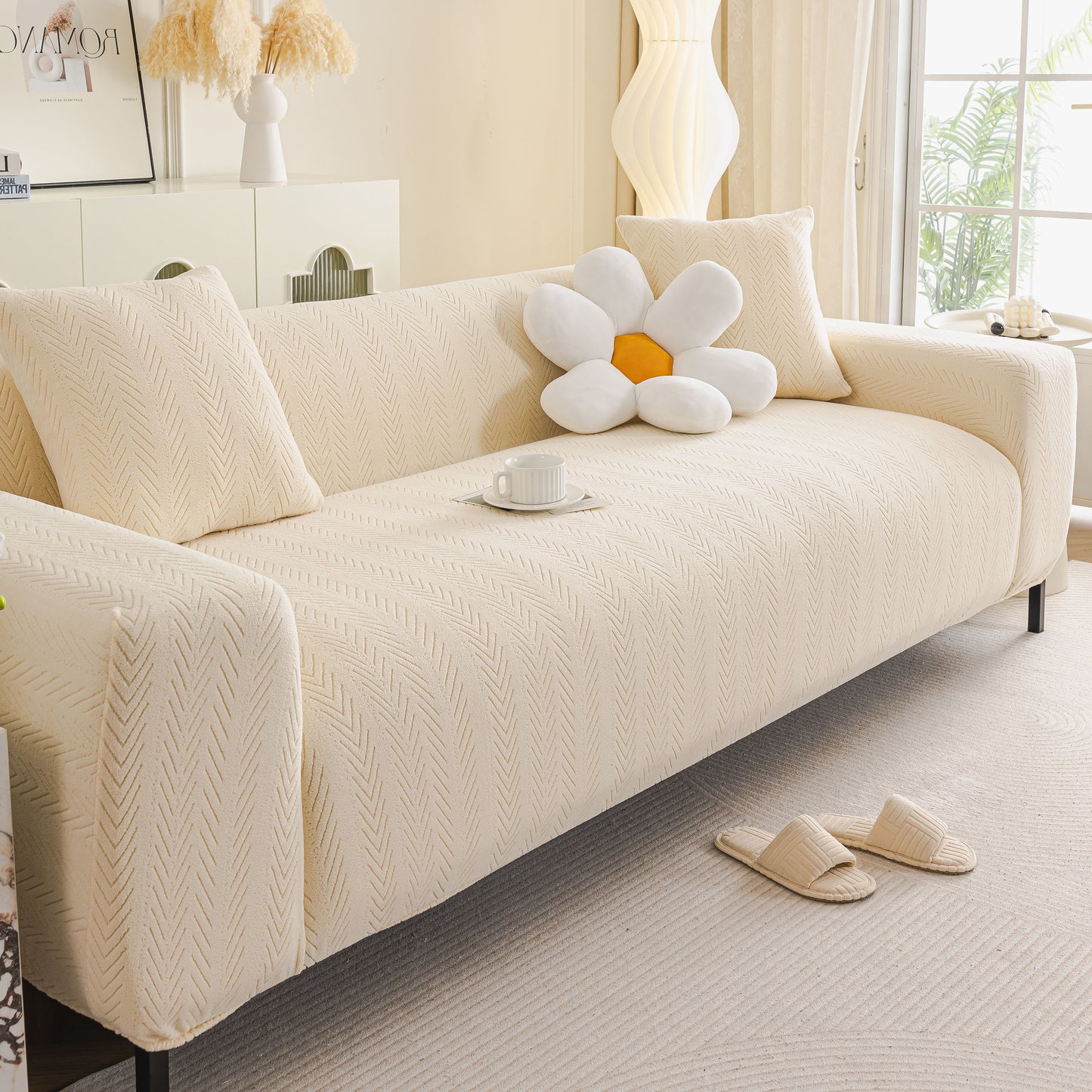 High Stretch Herringbone Textured Slipcover for Standard & L-Shaped Sectional Couches