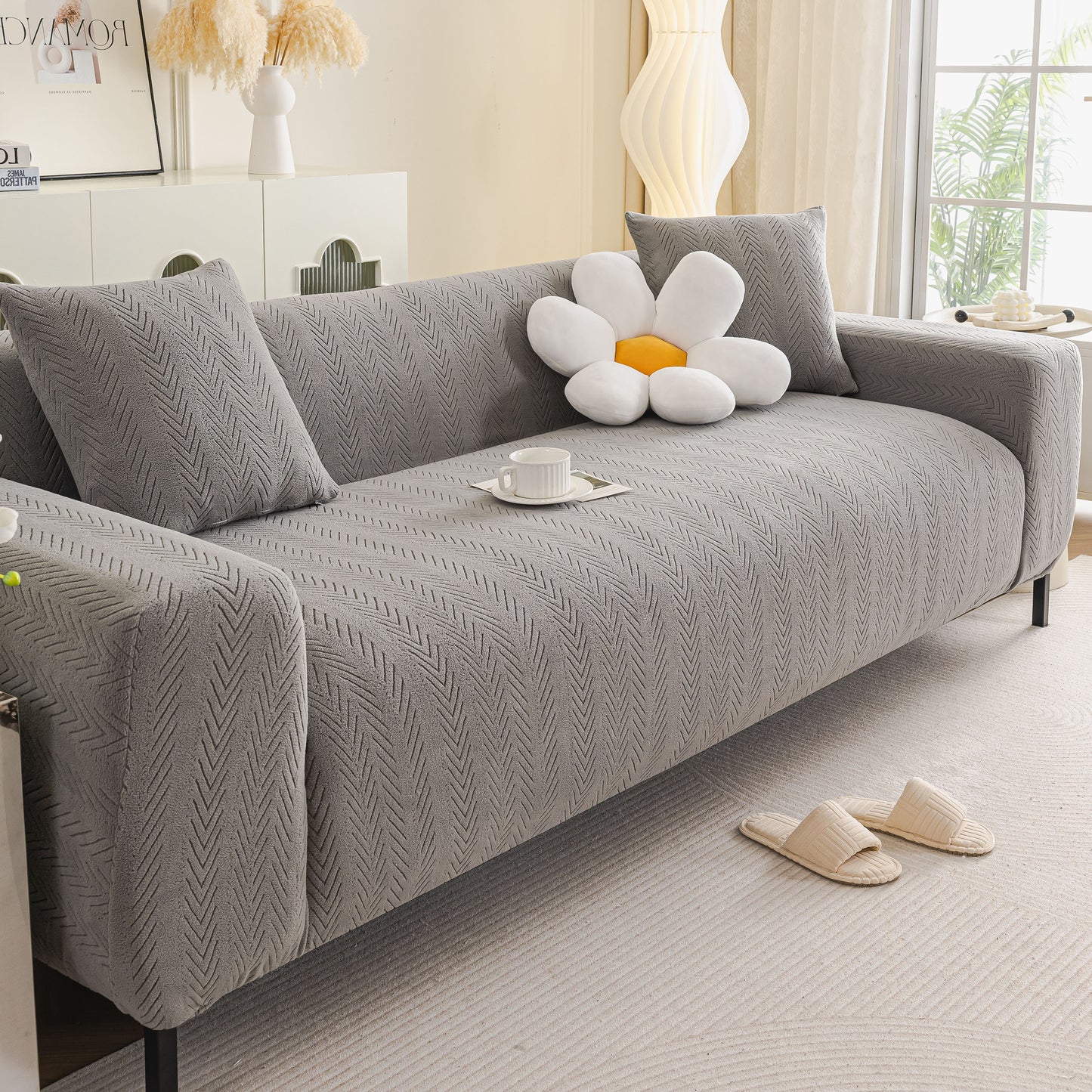 High Stretch Herringbone Textured Slipcover for Standard & L-Shaped Sectional Couches