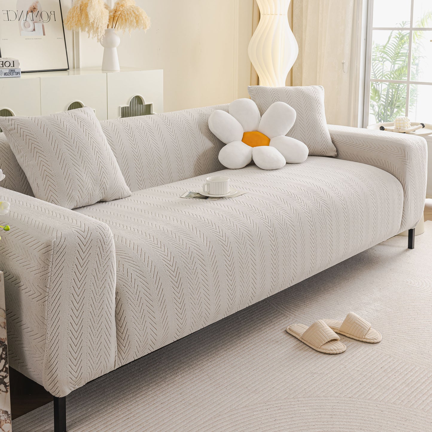 High Stretch Herringbone Textured Slipcover for Standard & L-Shaped Sectional Couches