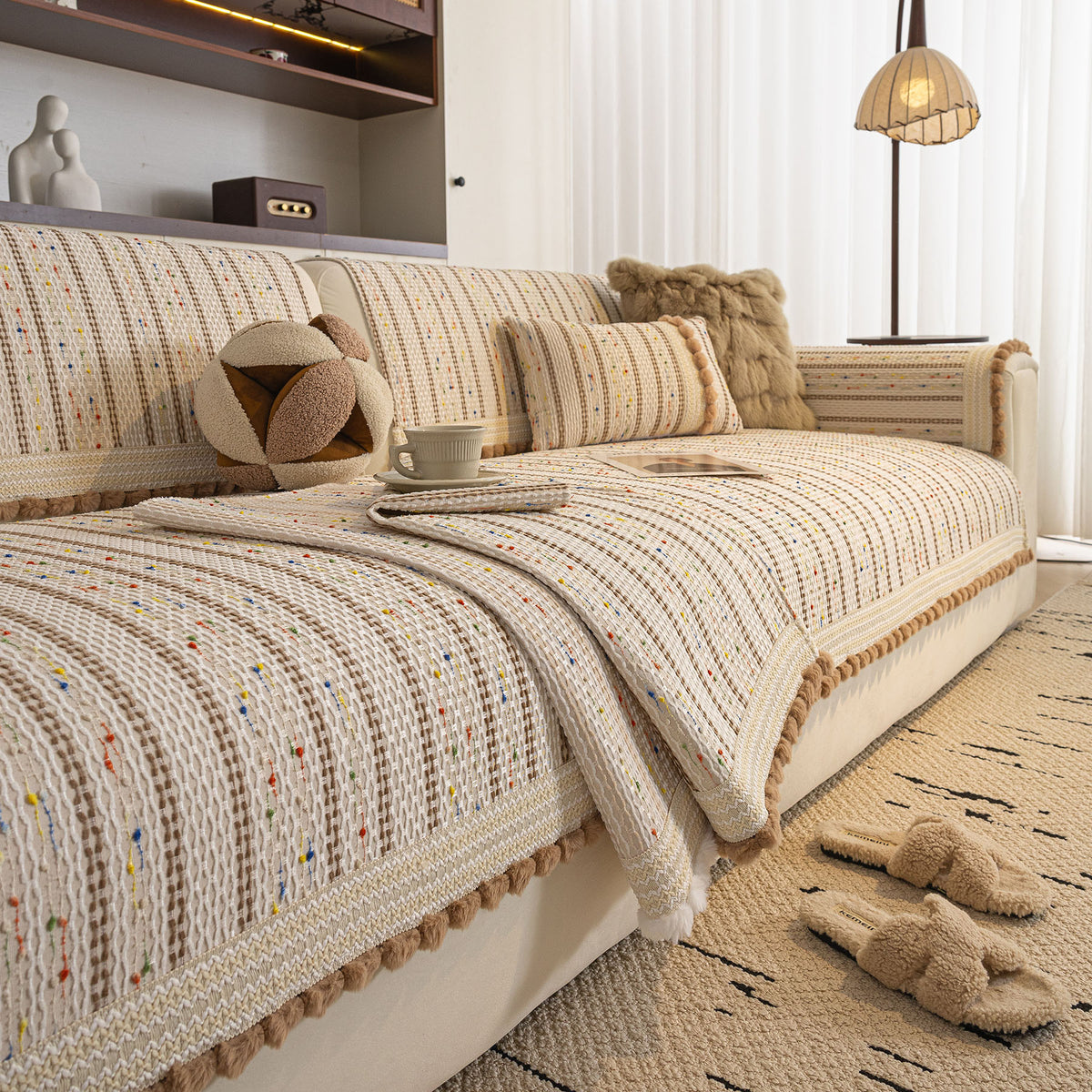 Textured Striped Sofa Cover with Plush Trim, Non-Slip Couch Protector Sectional Covers