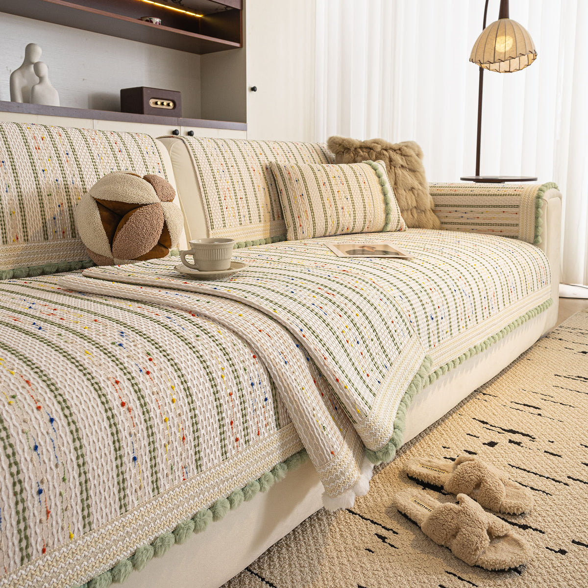 Textured Striped Sofa Cover with Plush Trim, Non-Slip Couch Protector Sectional Covers