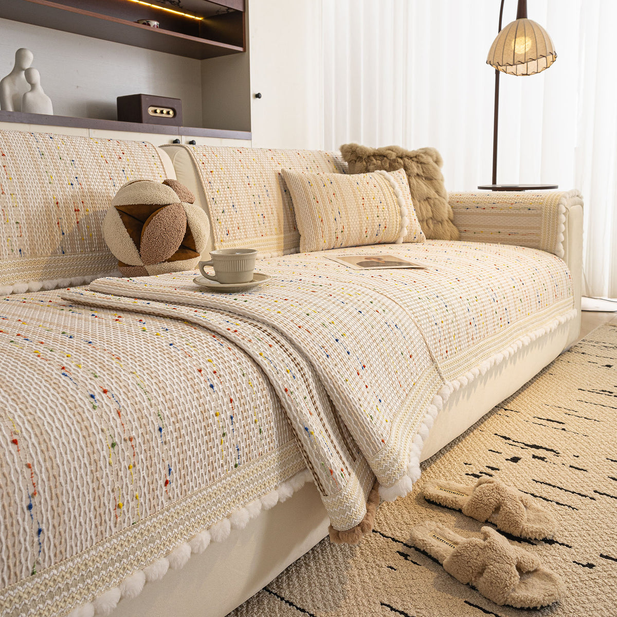 Textured Striped Sofa Cover with Plush Trim, Non-Slip Couch Protector Sectional Covers