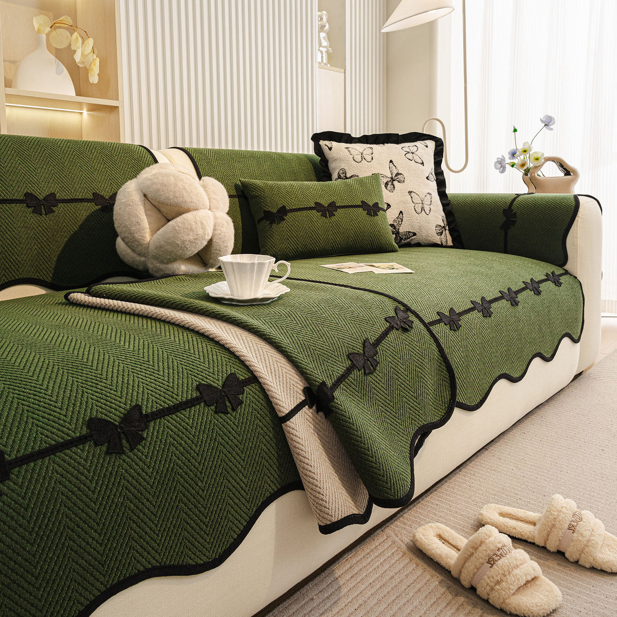 Chenille Herringbone Sofa Cover, Couch Protector with Bow Detail & Scalloped Trim