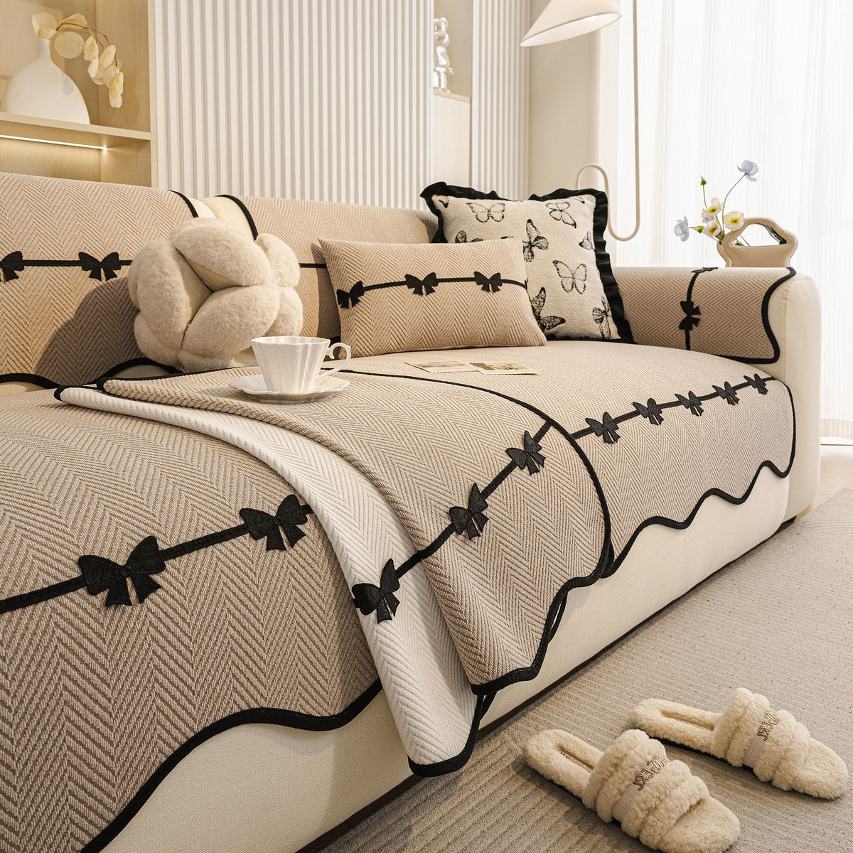 Chenille Herringbone Sofa Cover, Couch Protector with Bow Detail & Scalloped Trim