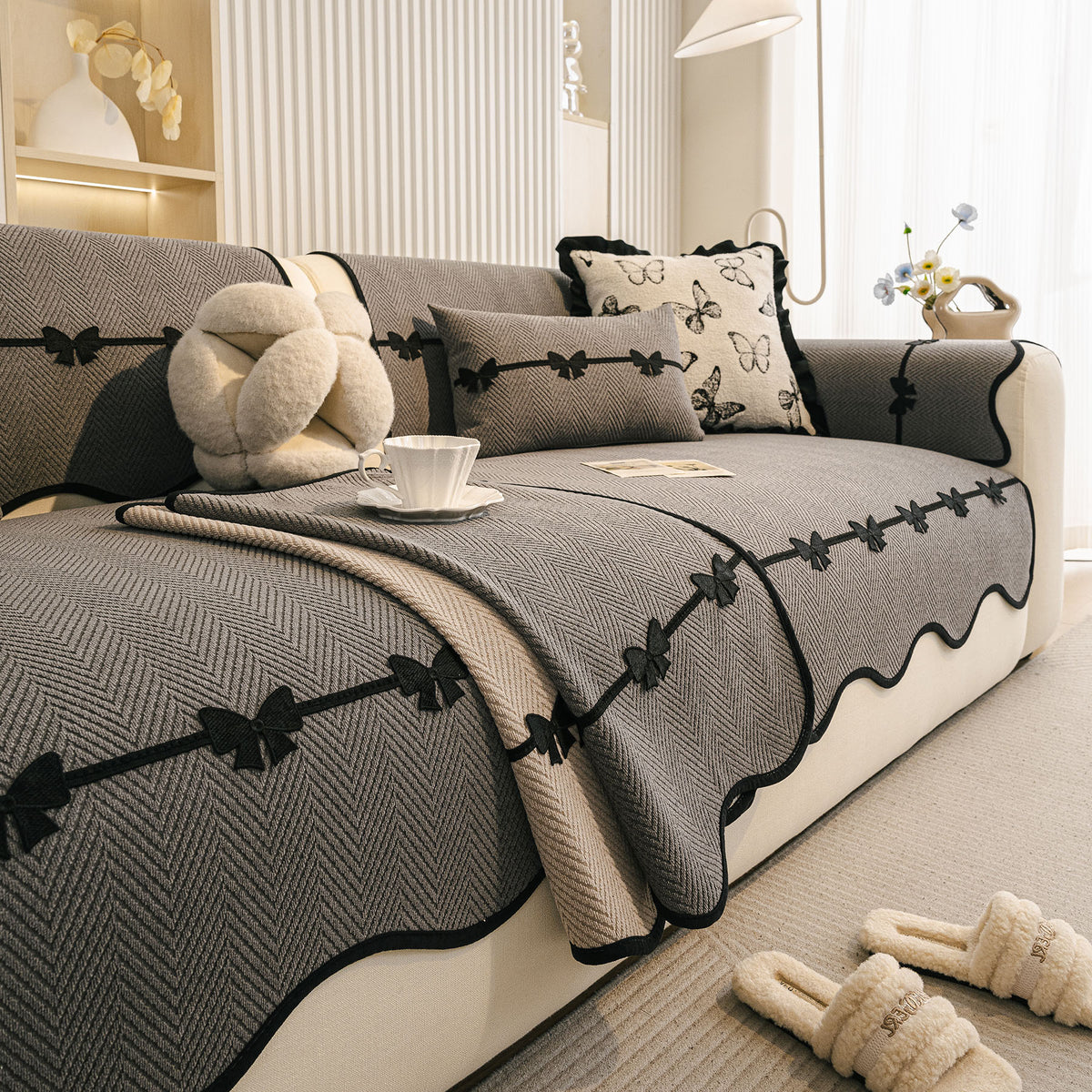 Chenille Herringbone Sofa Cover, Couch Protector with Bow Detail & Scalloped Trim