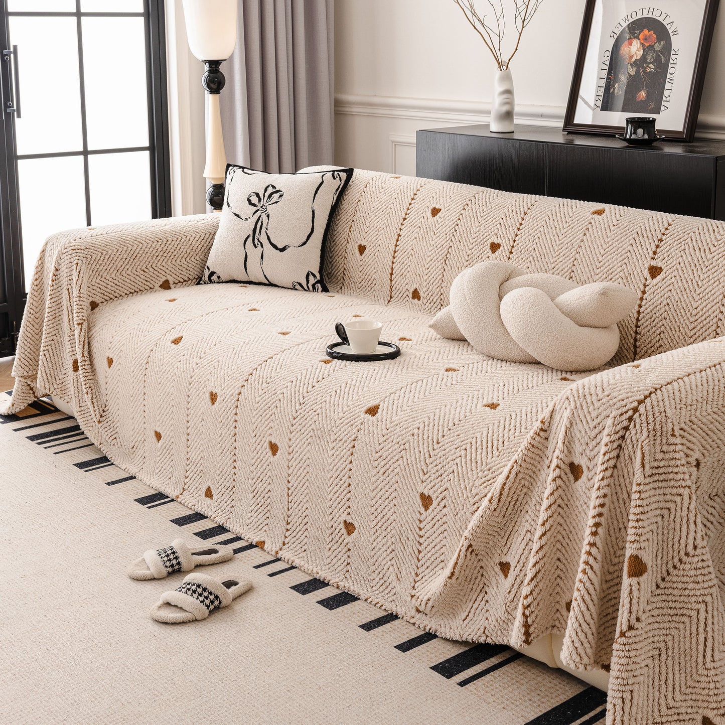 Thick Plush Sofa Cover Throw for Couch, 3D Textured Herringbone Washable Slipcover