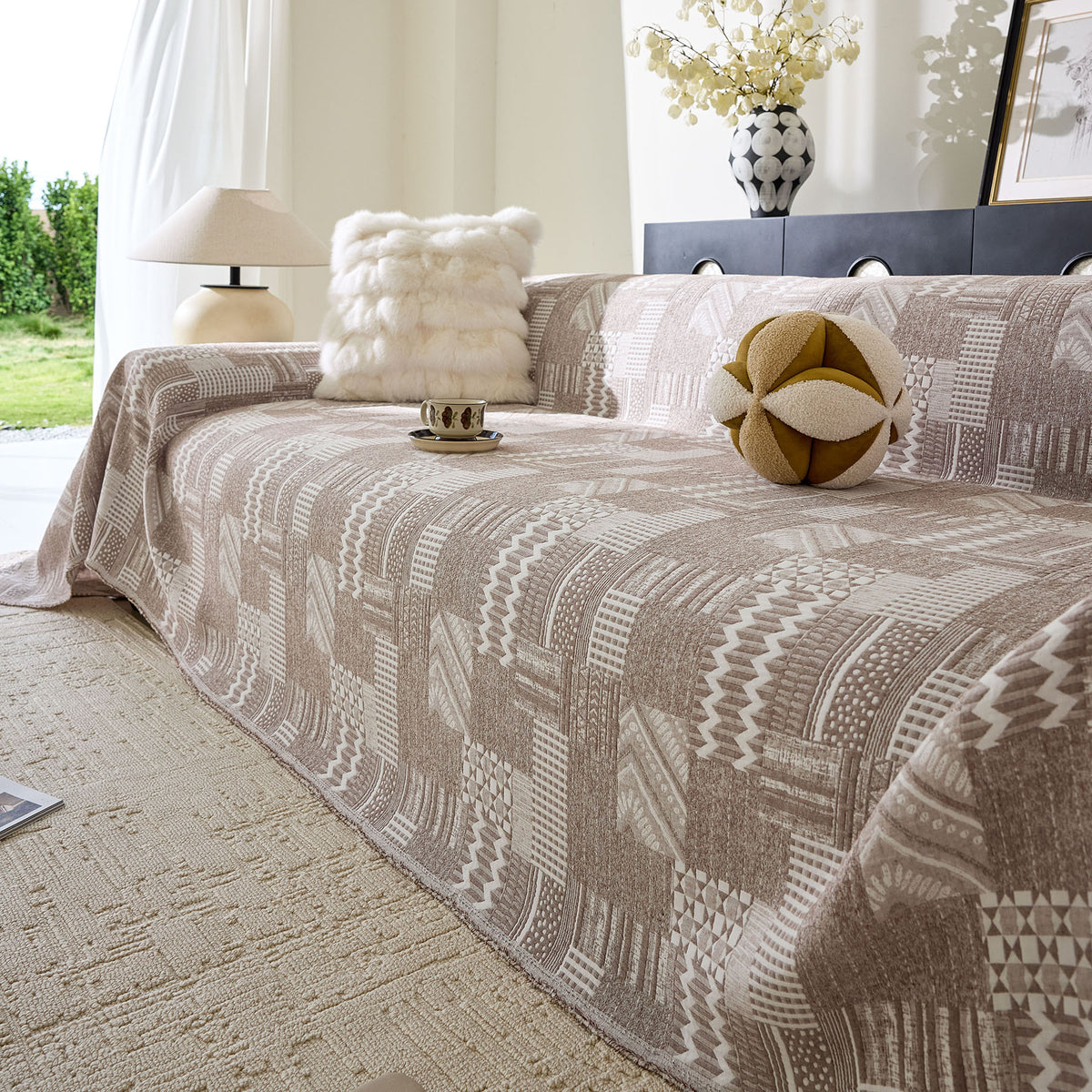 Boho Furniture Cover for Sofa, Loveseat and Chair, Geometric Jacquard Woven Sofa Cover