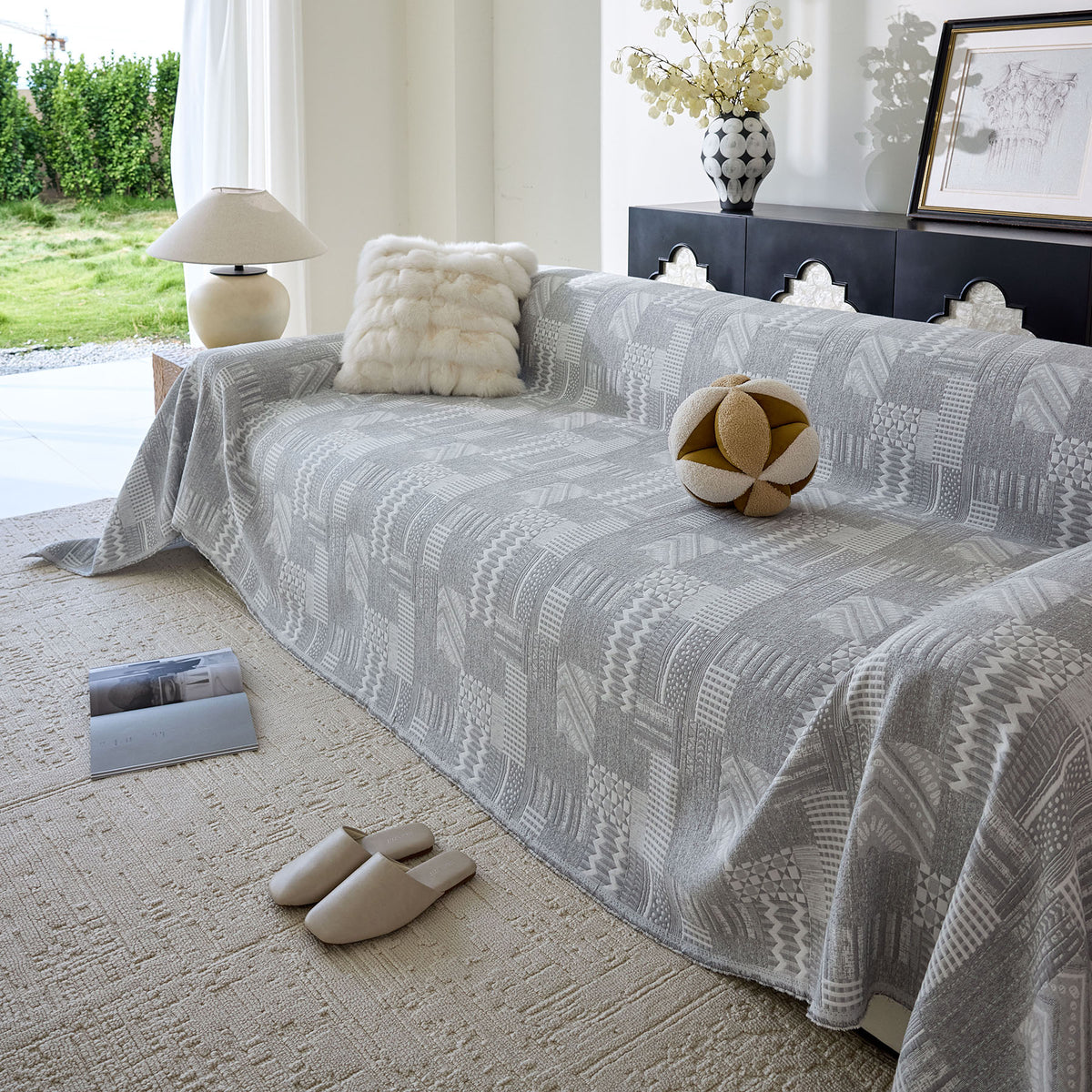 Boho Furniture Cover for Sofa, Loveseat and Chair, Geometric Jacquard Woven Sofa Cover