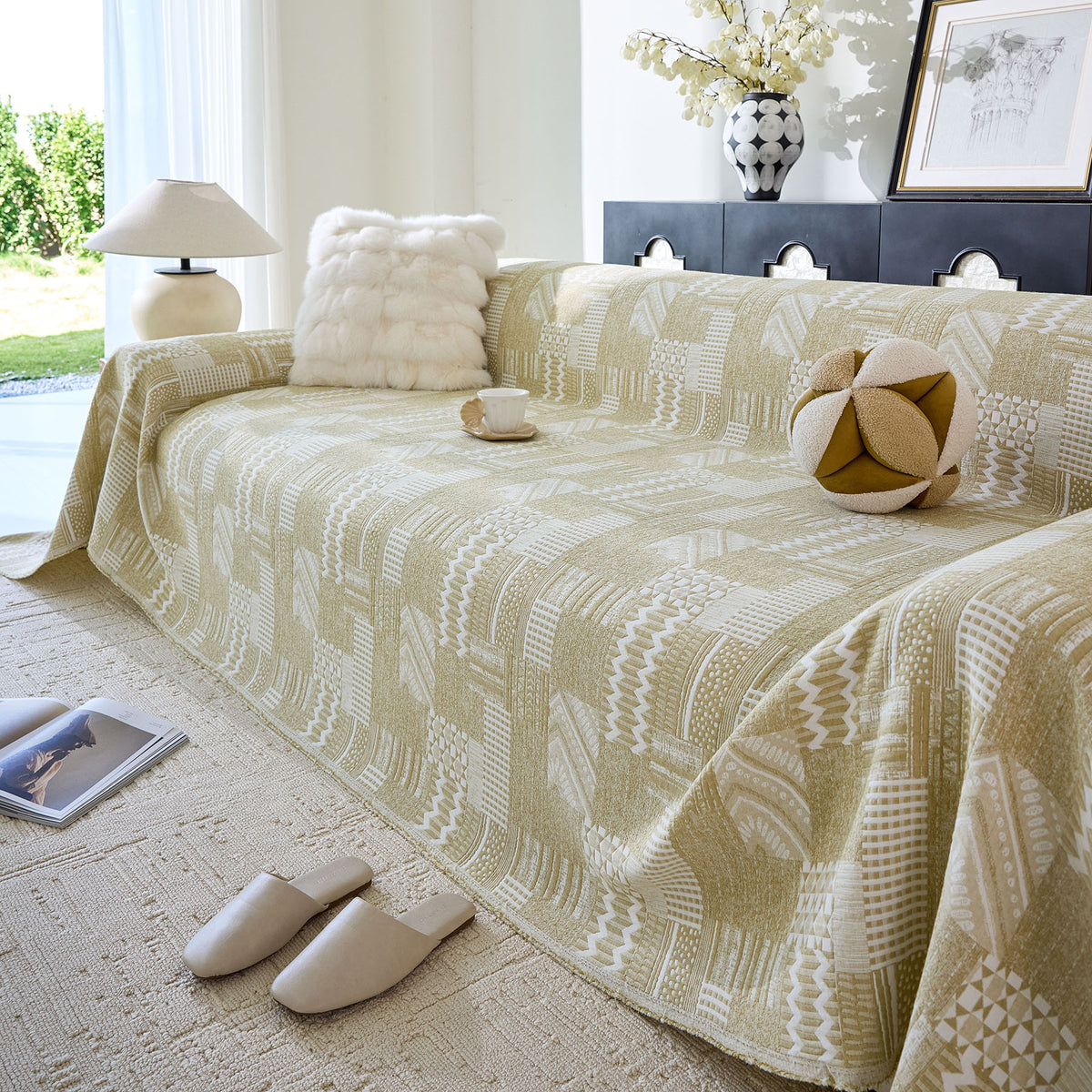 Boho Furniture Cover for Sofa, Loveseat and Chair, Geometric Jacquard Woven Sofa Cover
