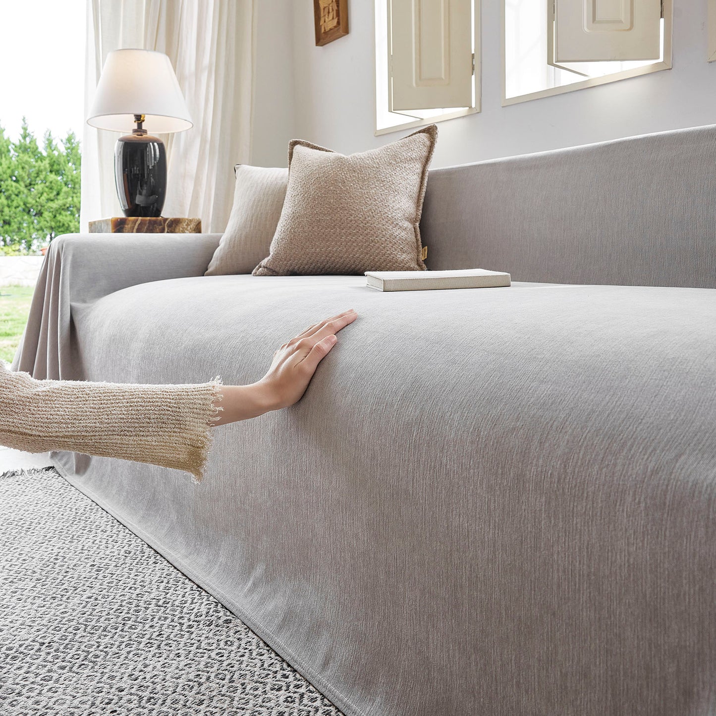 Luxury Soft Chenille Sofa Cover for Couch, Solid Color Furniture Protector Throw Cover