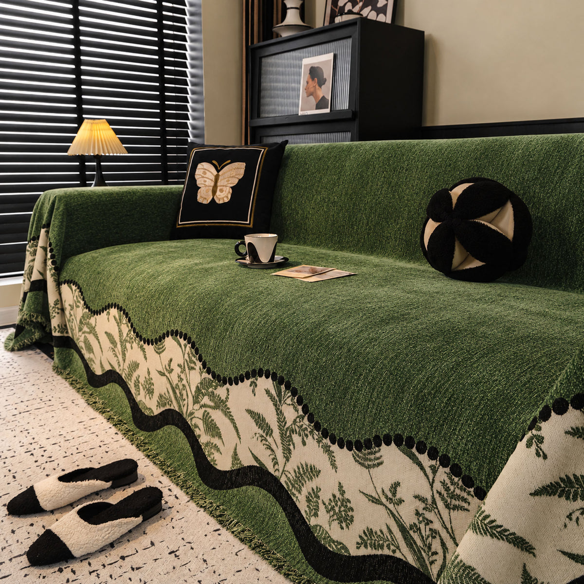 Botanical Chenille Sofa Throw Cover, Scalloped Border Couch Protector for Dogs, Kids