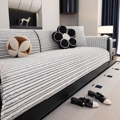 Plush Striped Couch Seat and Backrest Cover, Non-Slip Individual Sofa Protector