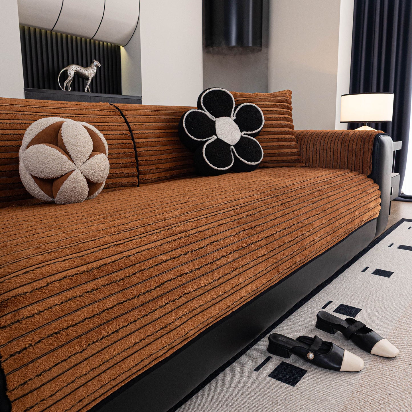 Plush Striped Couch Seat and Backrest Cover, Non-Slip Individual Sofa Protector