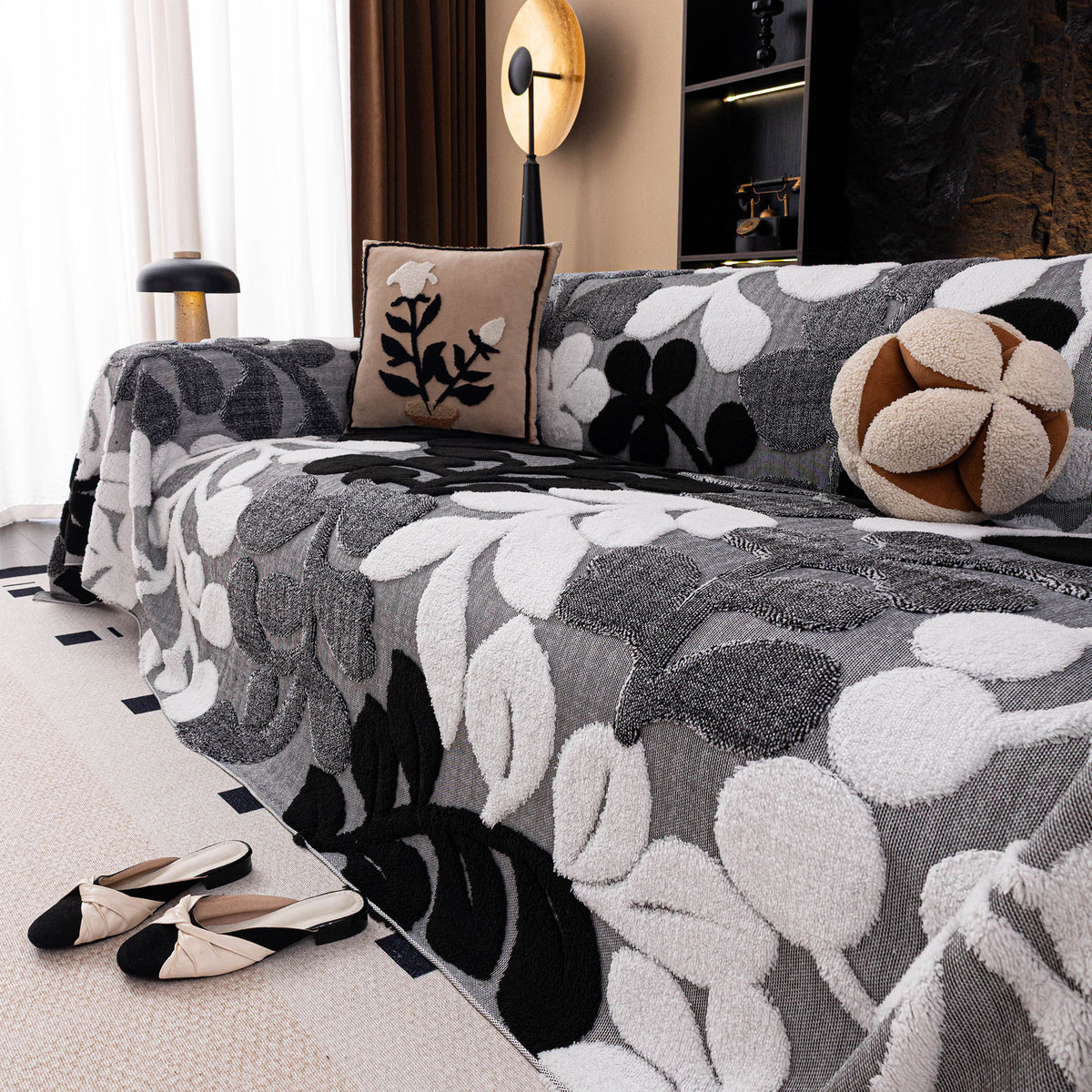 Vintage Boho Floral Sofa Throw Cover, 3D Soft Tufted Plush Couch Protector Futon Cover