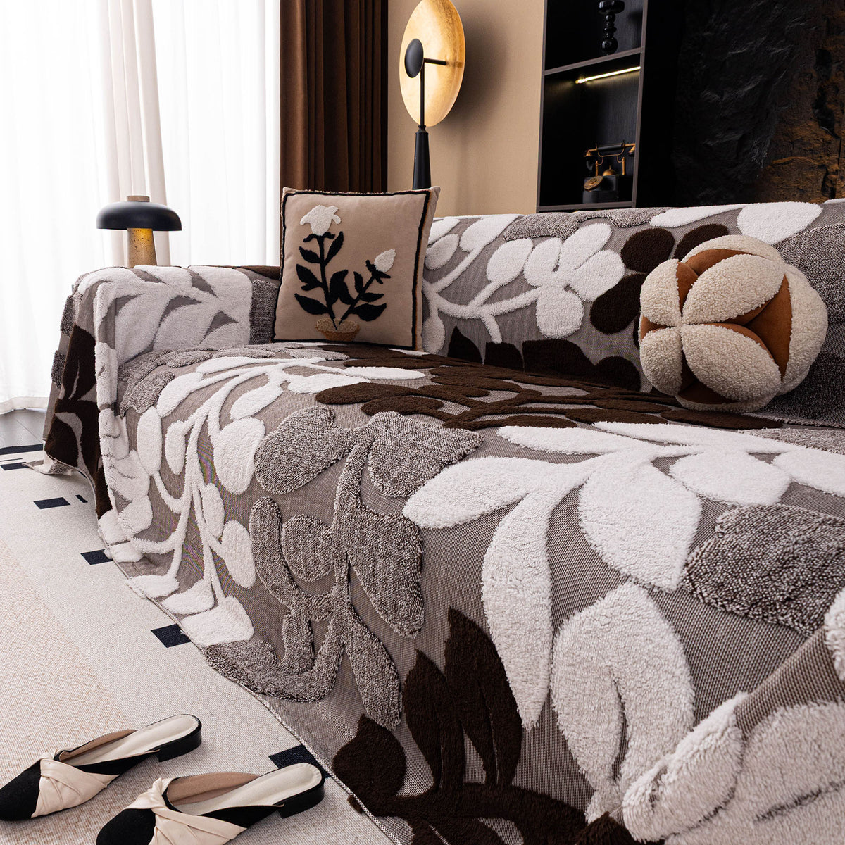 Vintage Boho Floral Sofa Throw Cover, 3D Soft Tufted Plush Couch Protector Futon Cover