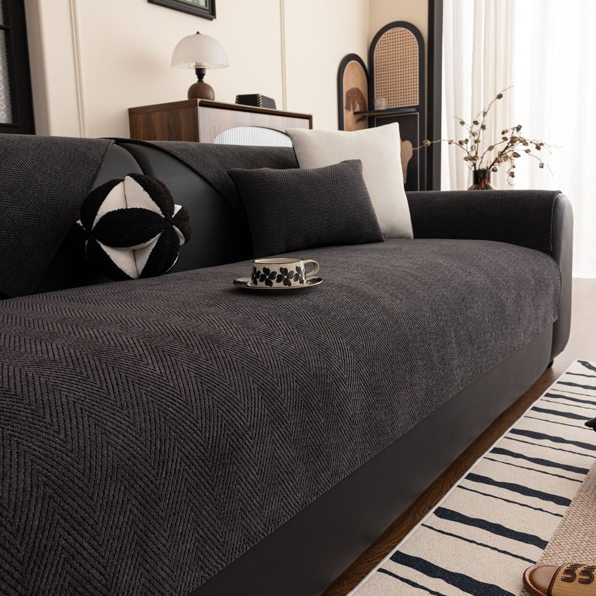 Chenille Textured Herringbone Sofa Cover, Non-Slip Couch Protector for Pets & Kids